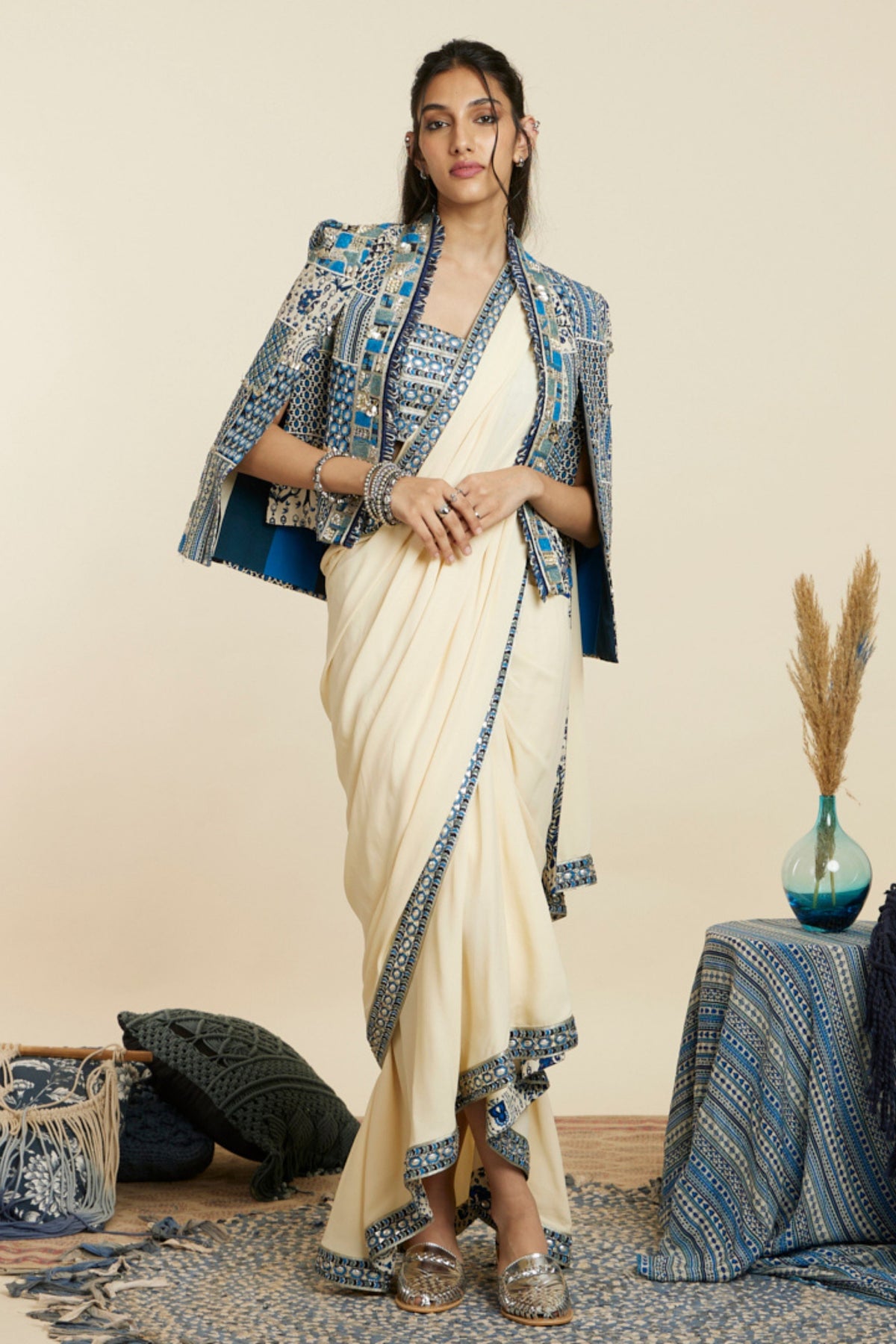 Beige Cascade Saree Set With Jacket