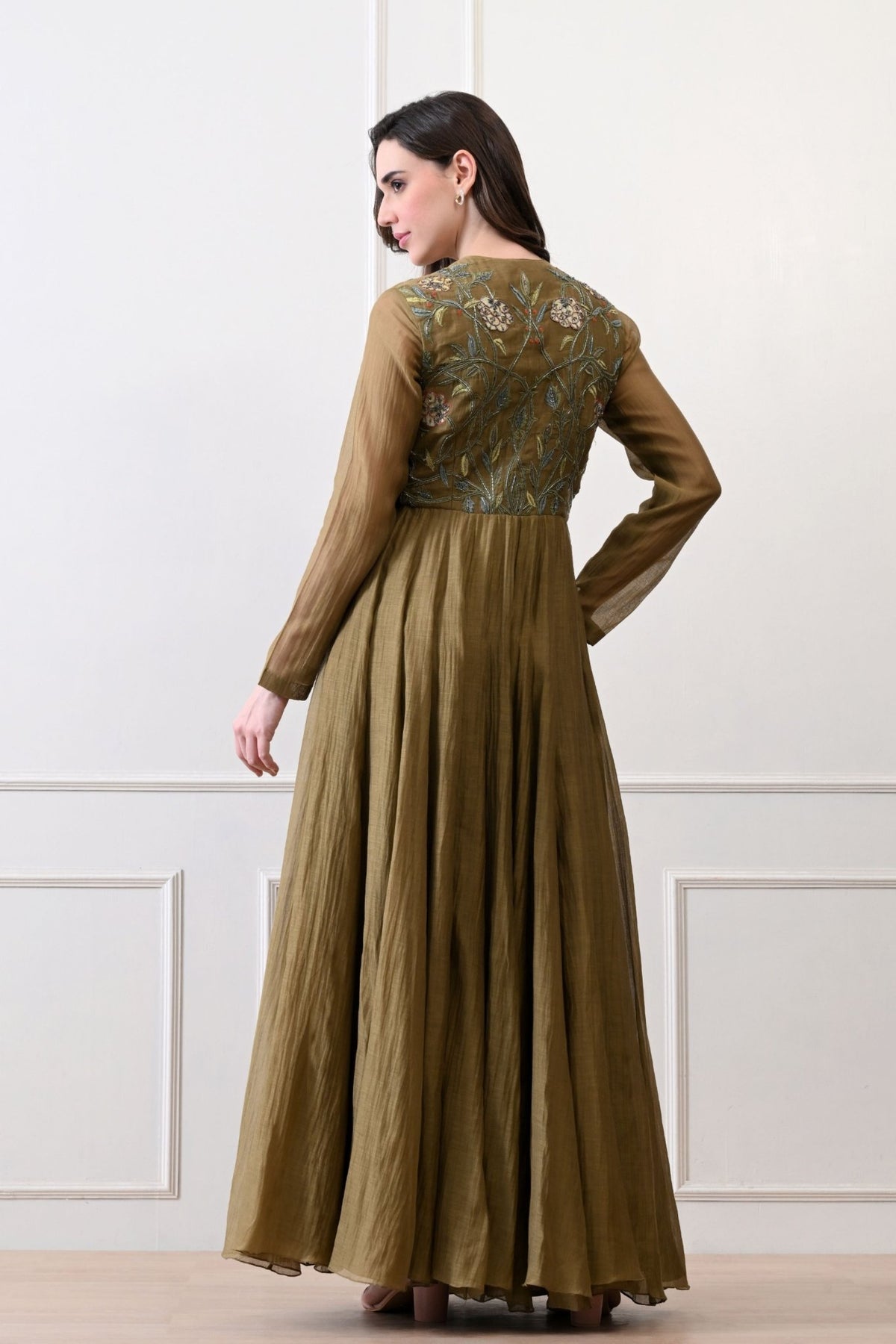 Olive Silk Embroidered Anarkali