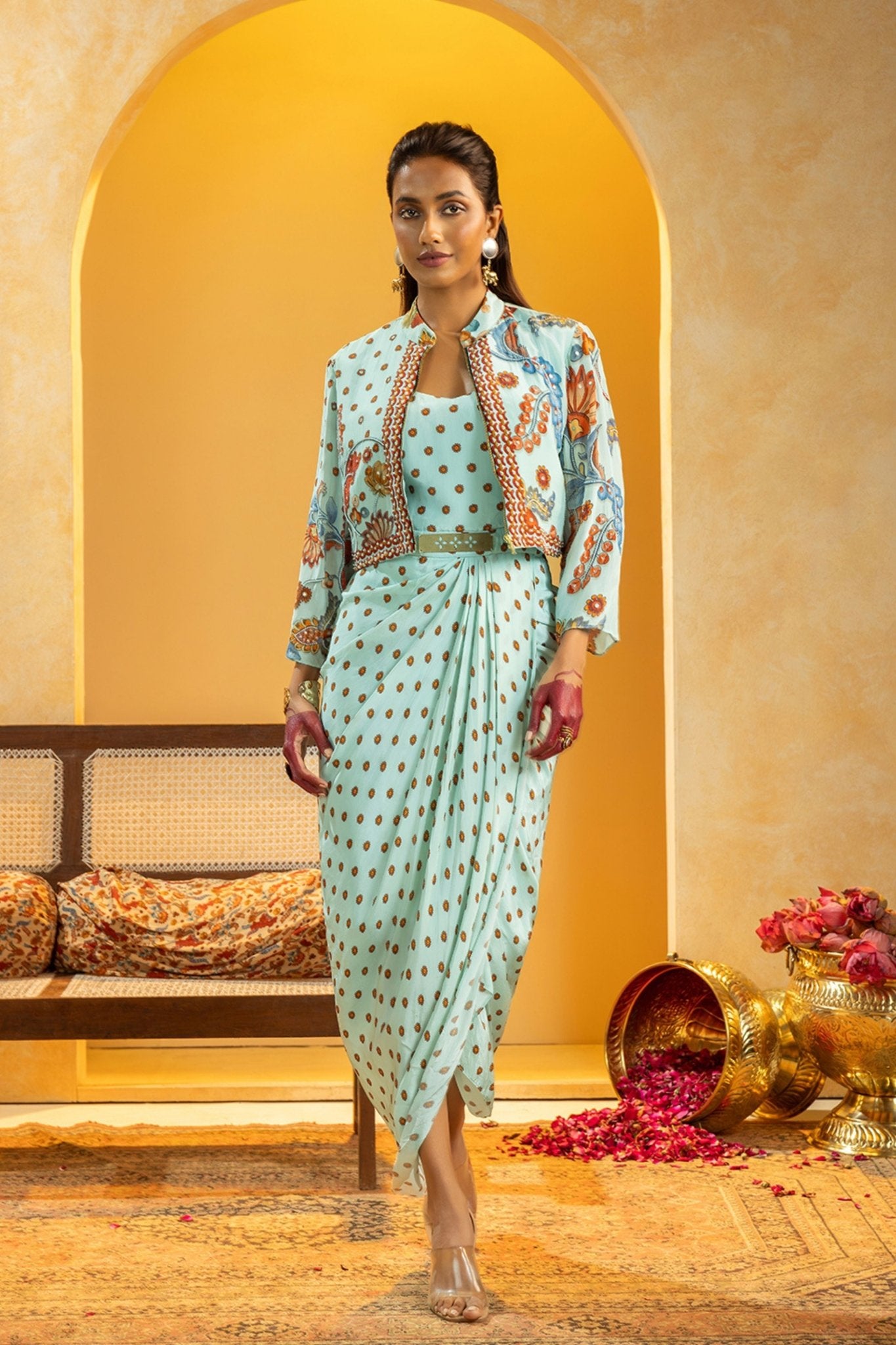 Blue Printed Statement Jacket Set - Sougat Paul - Elahe