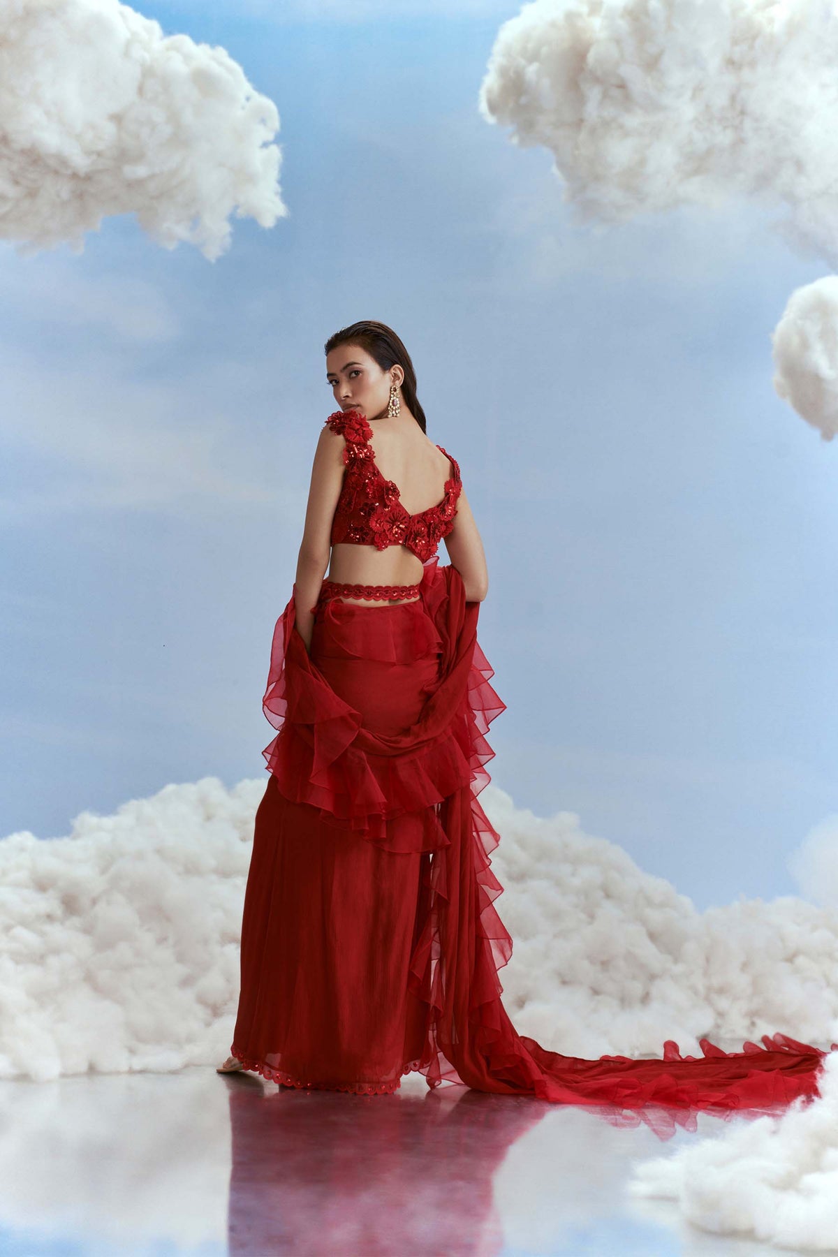 Red Scallop Edged Ruffle Saree Set