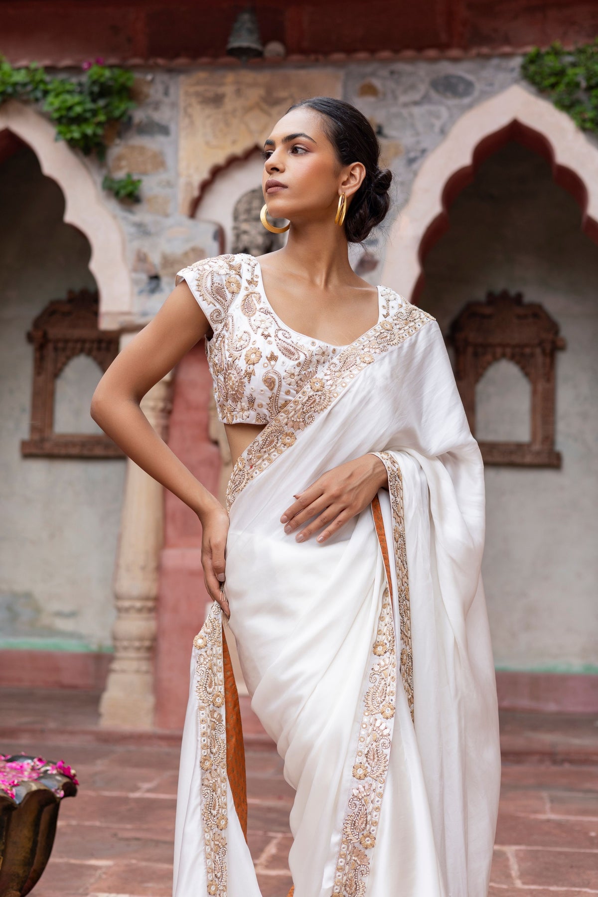 White Paisley Saree Set