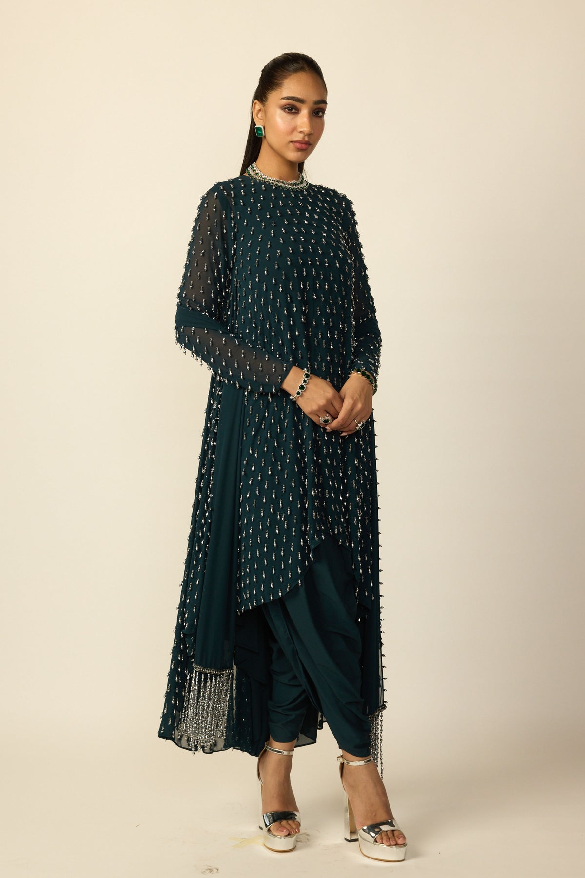 Dark Teal Kurta Set with Stole