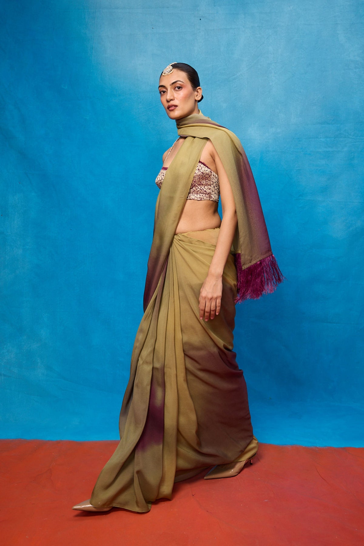 Pista Green & Faded Purple Ombre Saree