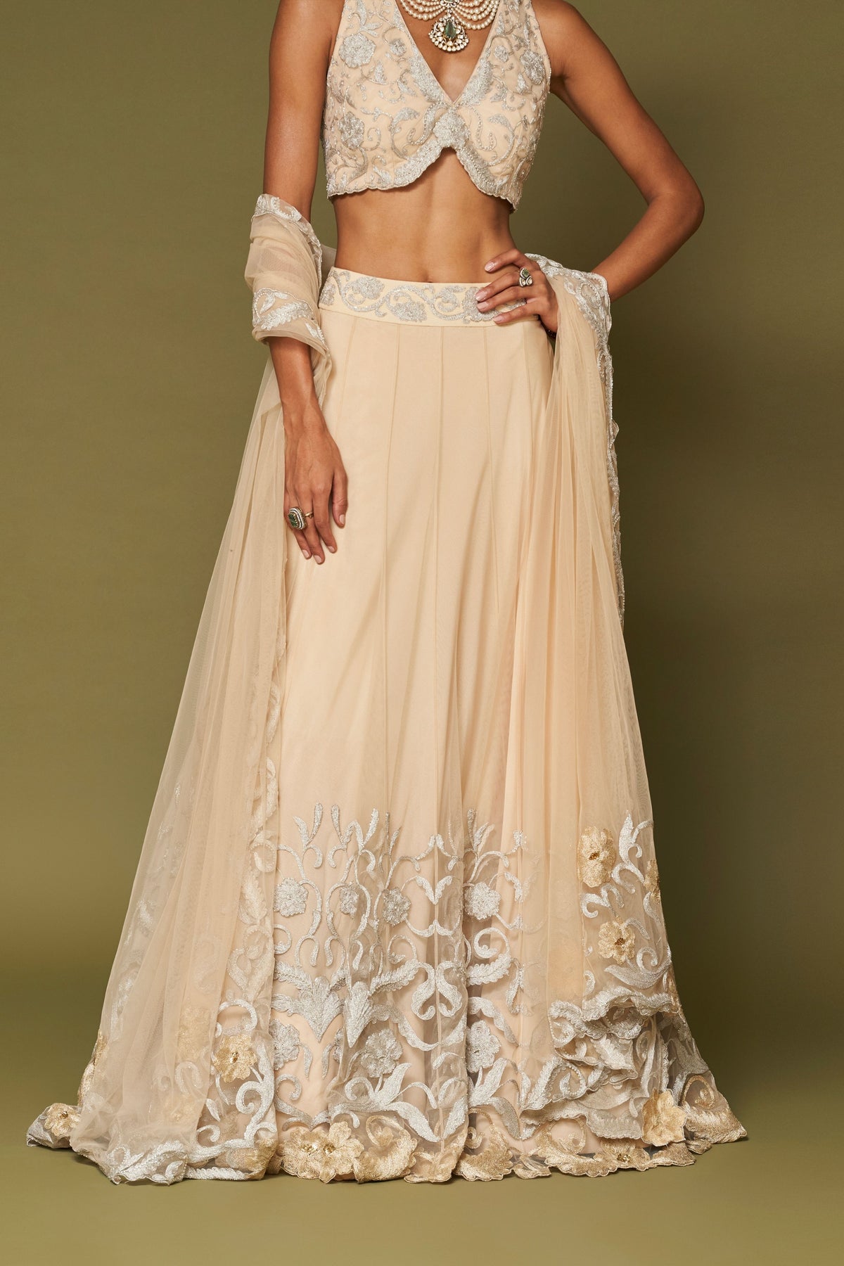 Almond Embroidered Net Lehenga Set
