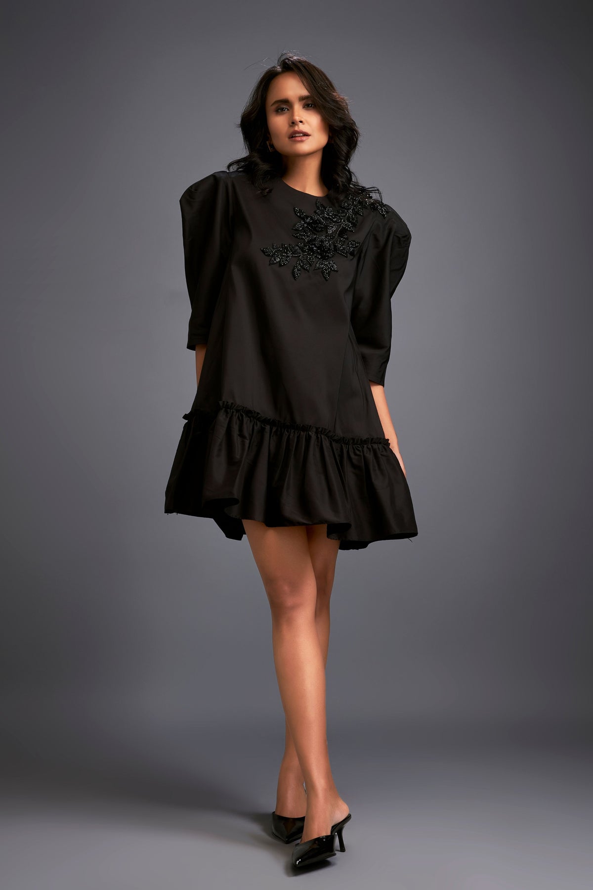 Floral Applique Puff Sleeve Dress