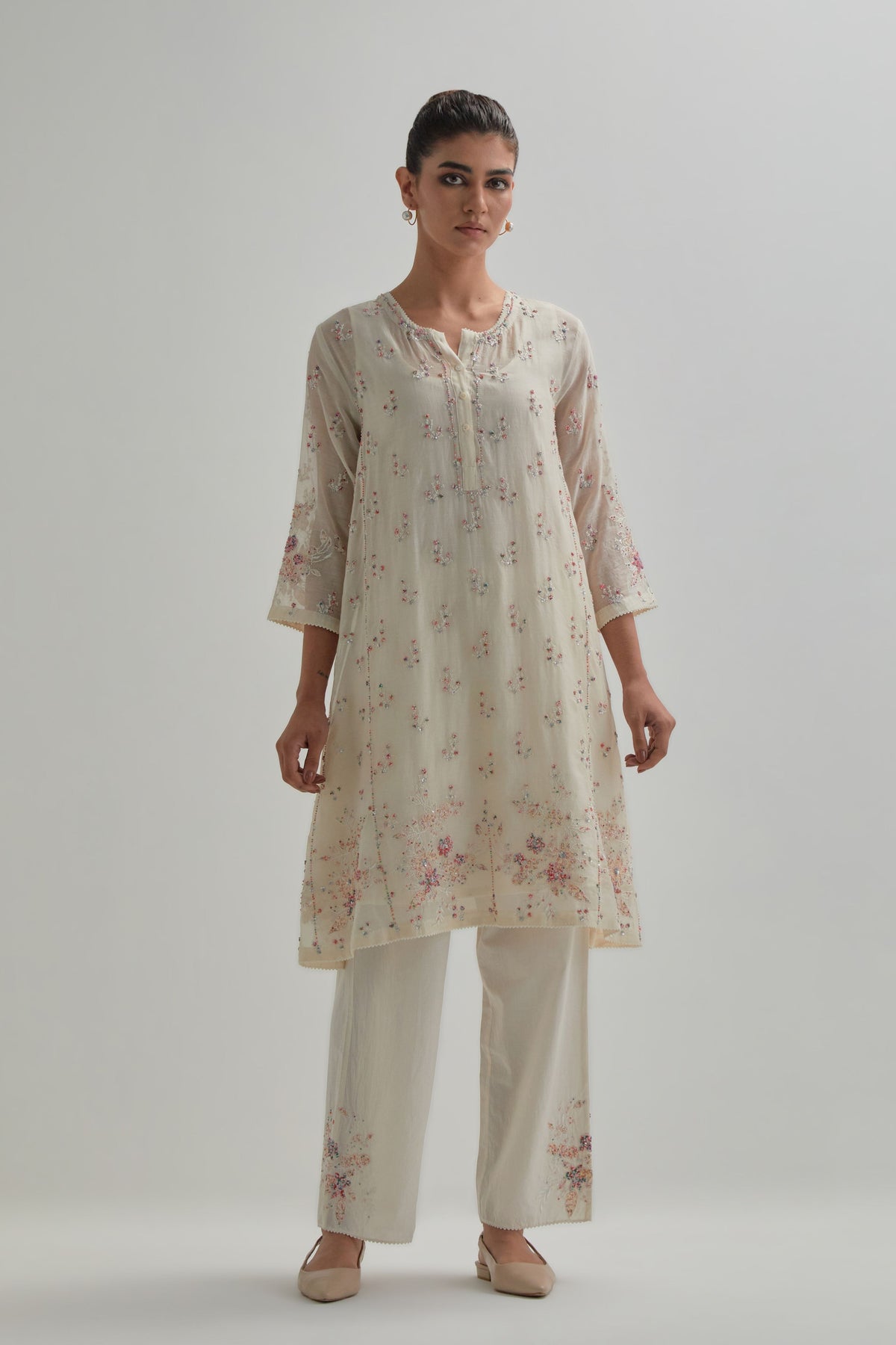Pink Floral Short Kurta And Pants