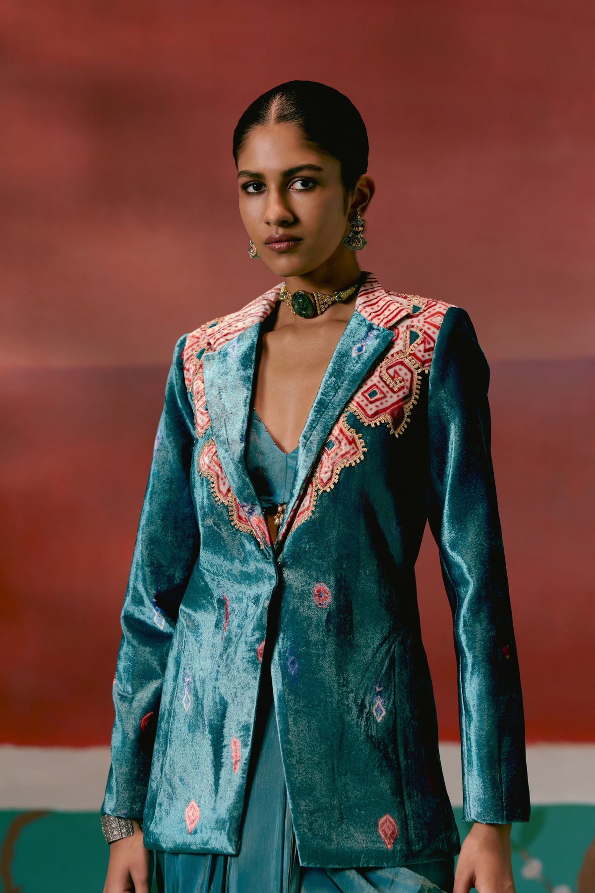 Teal Aztec Blazer Dhoti Set