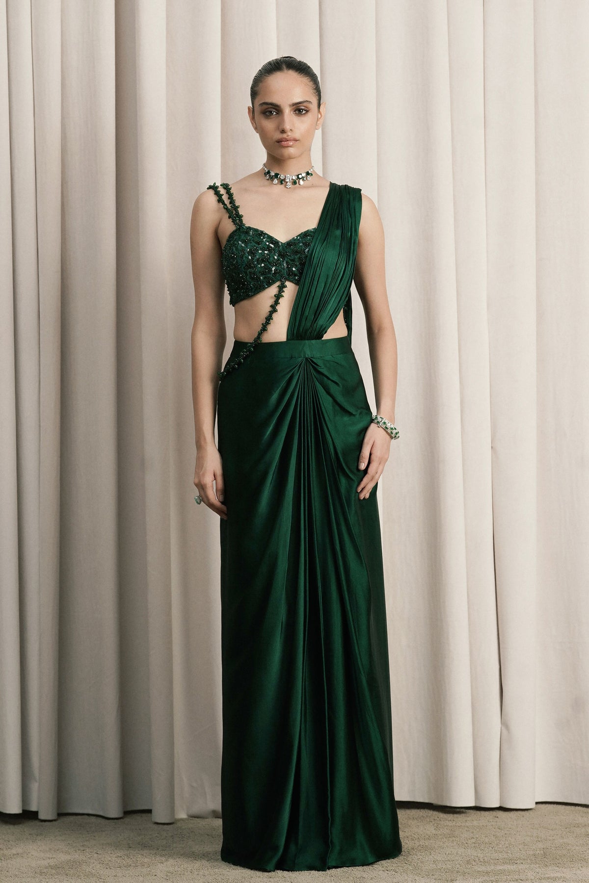 Emerald Green Draped Cocktail Saree Set
