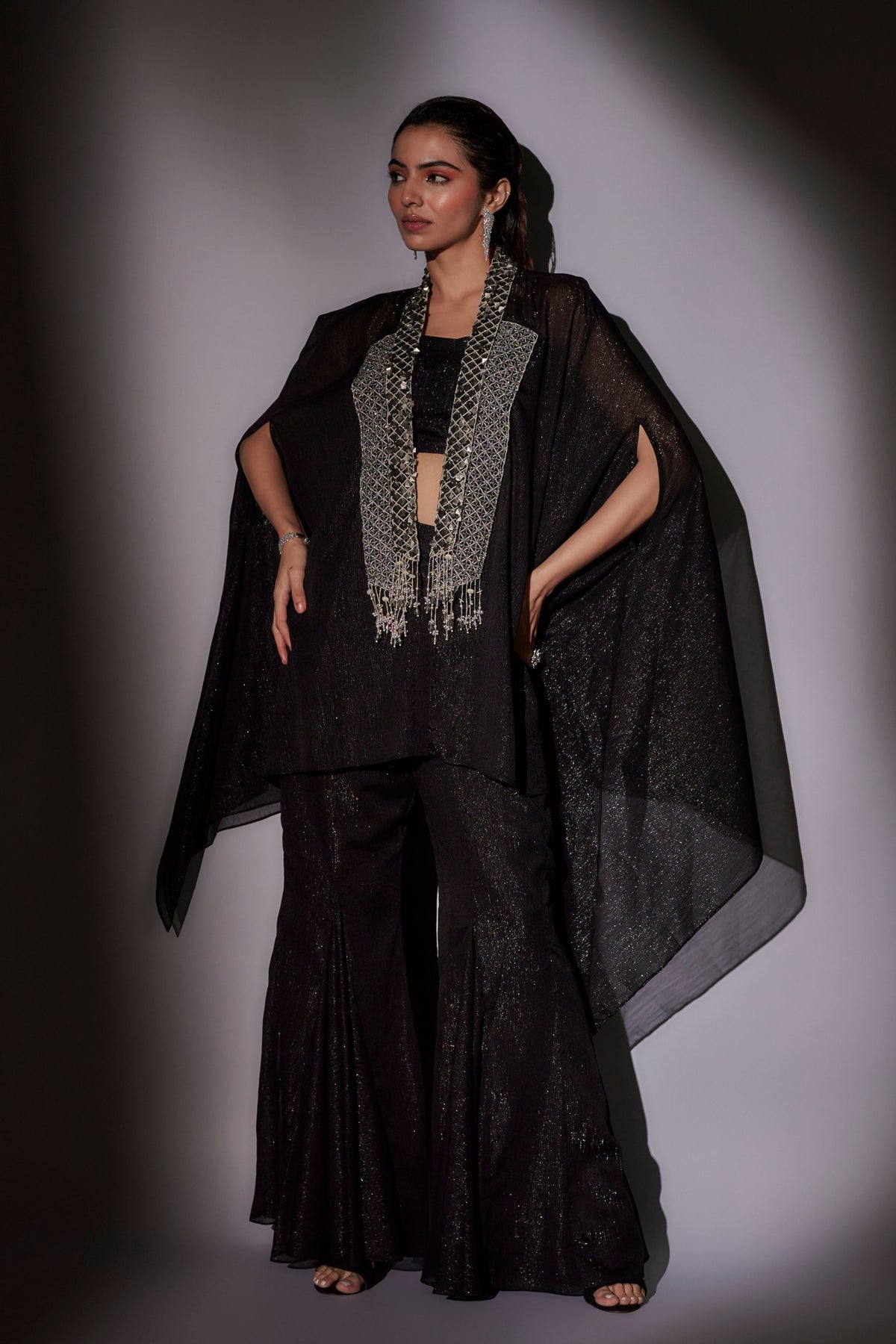 Black Embroidered Cape Set