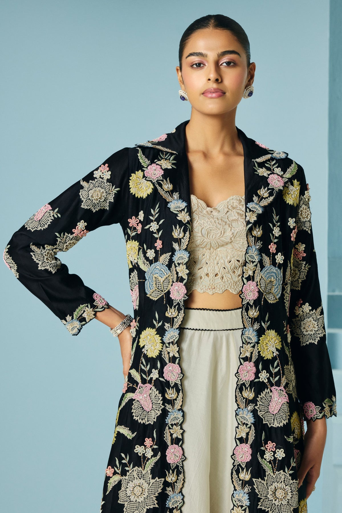 Black Multipastel Flared Long Jacket