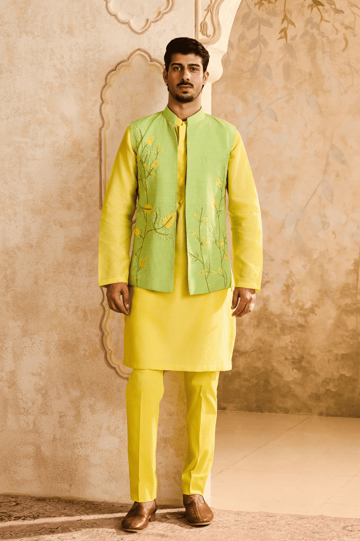 Green Floral Jacket Yellow Kurta Set
