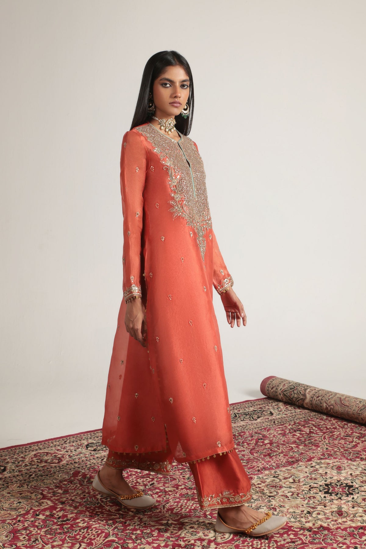 Zar-Rang Orange Long Kurta Set