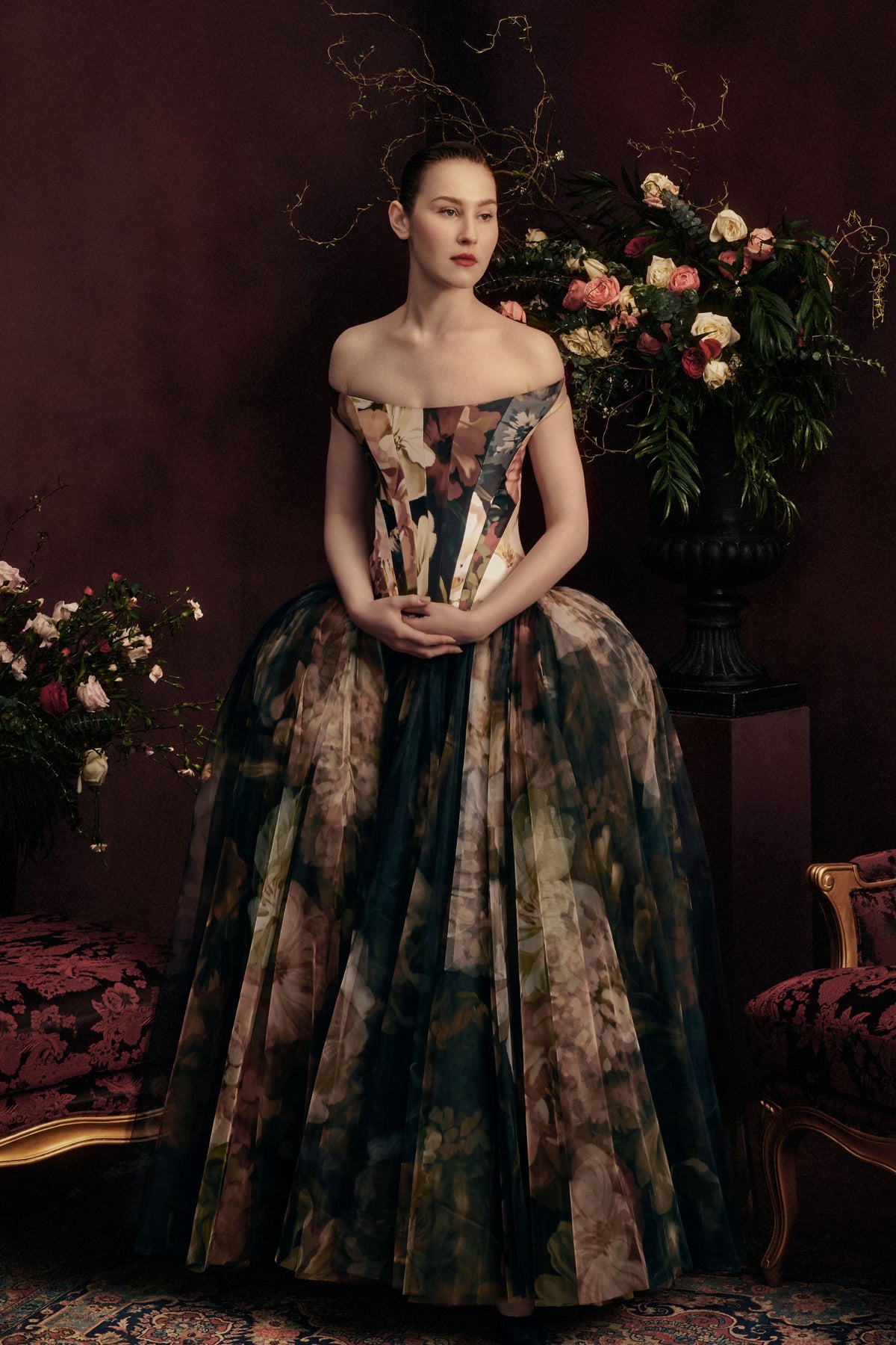 Off Shoulder Panel Corseted Gown