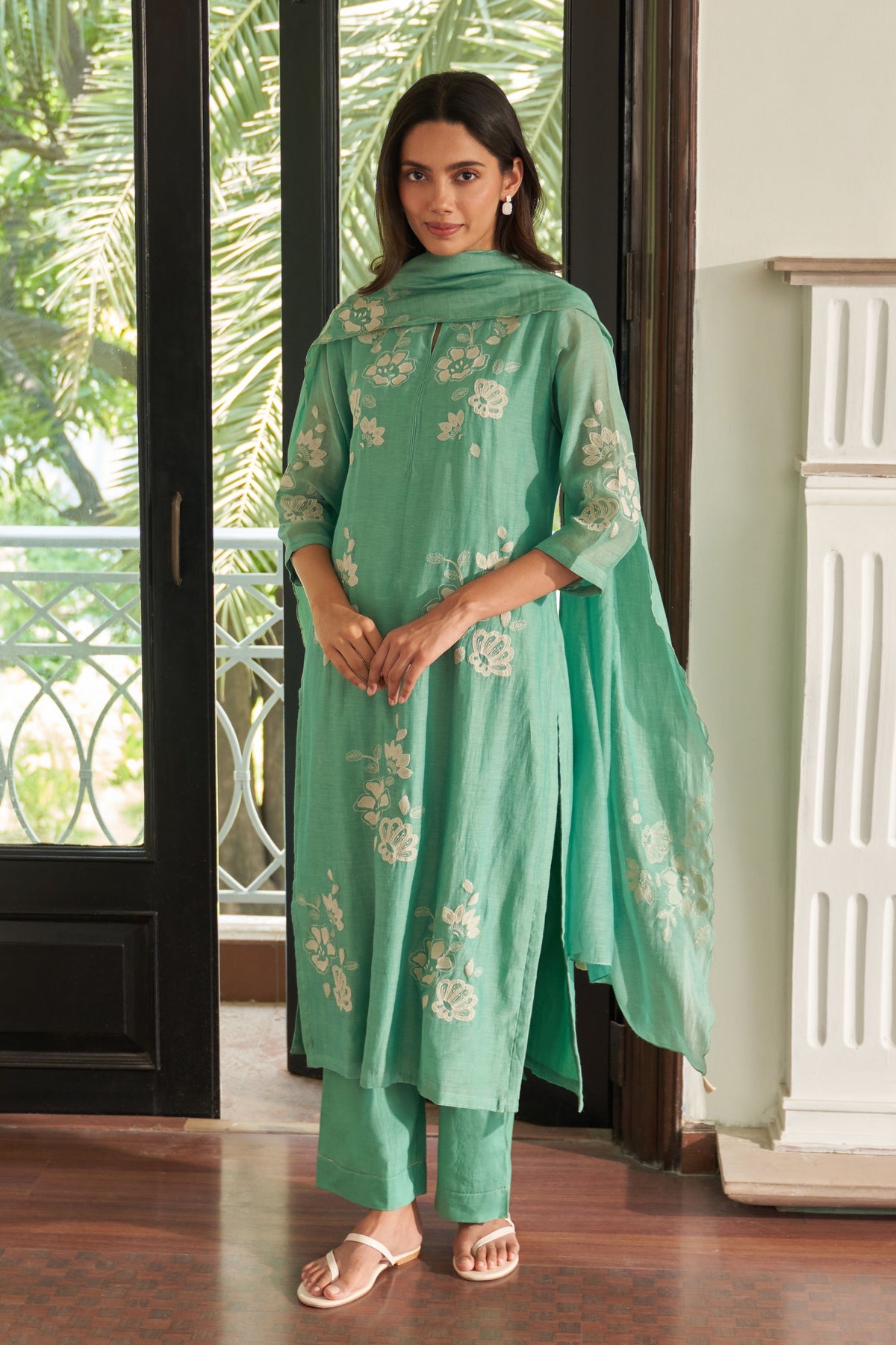 Mint Applique Embroidered Kurta Set