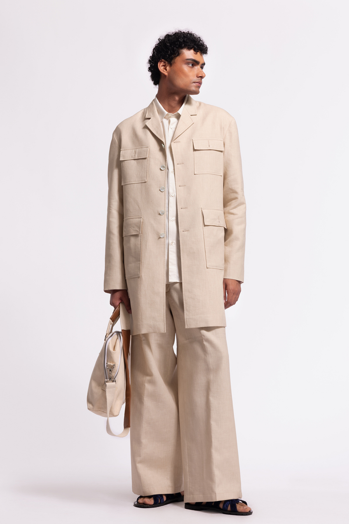 Plain Ivory Long Jacket With Pocket