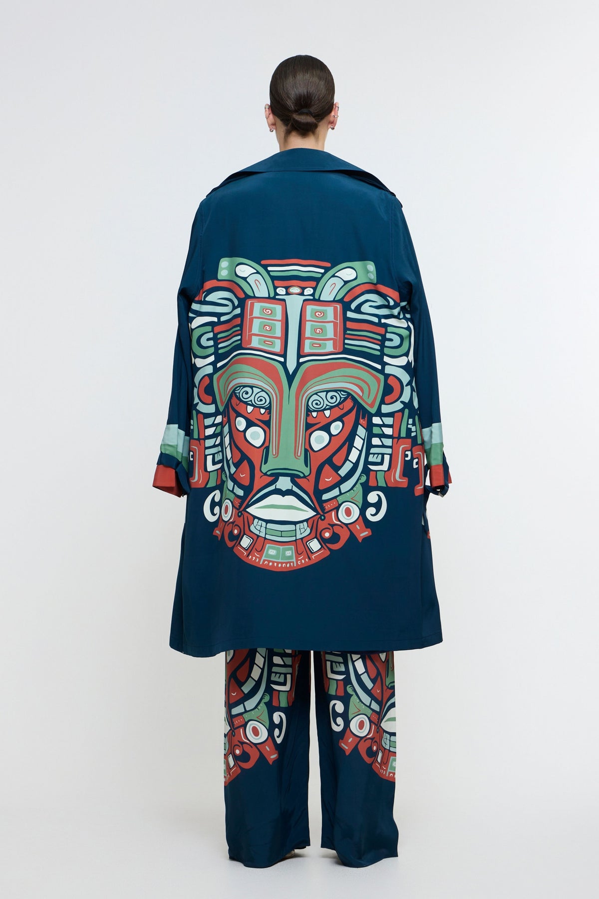 Midnight Blue Printed Mask Trench Coat Set
