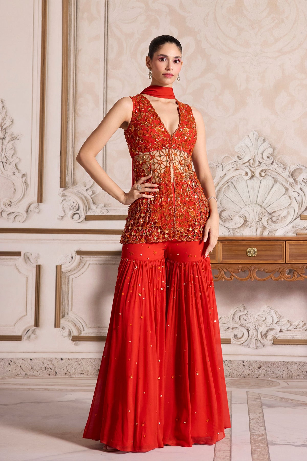 Rust Cut Work Sharara Set