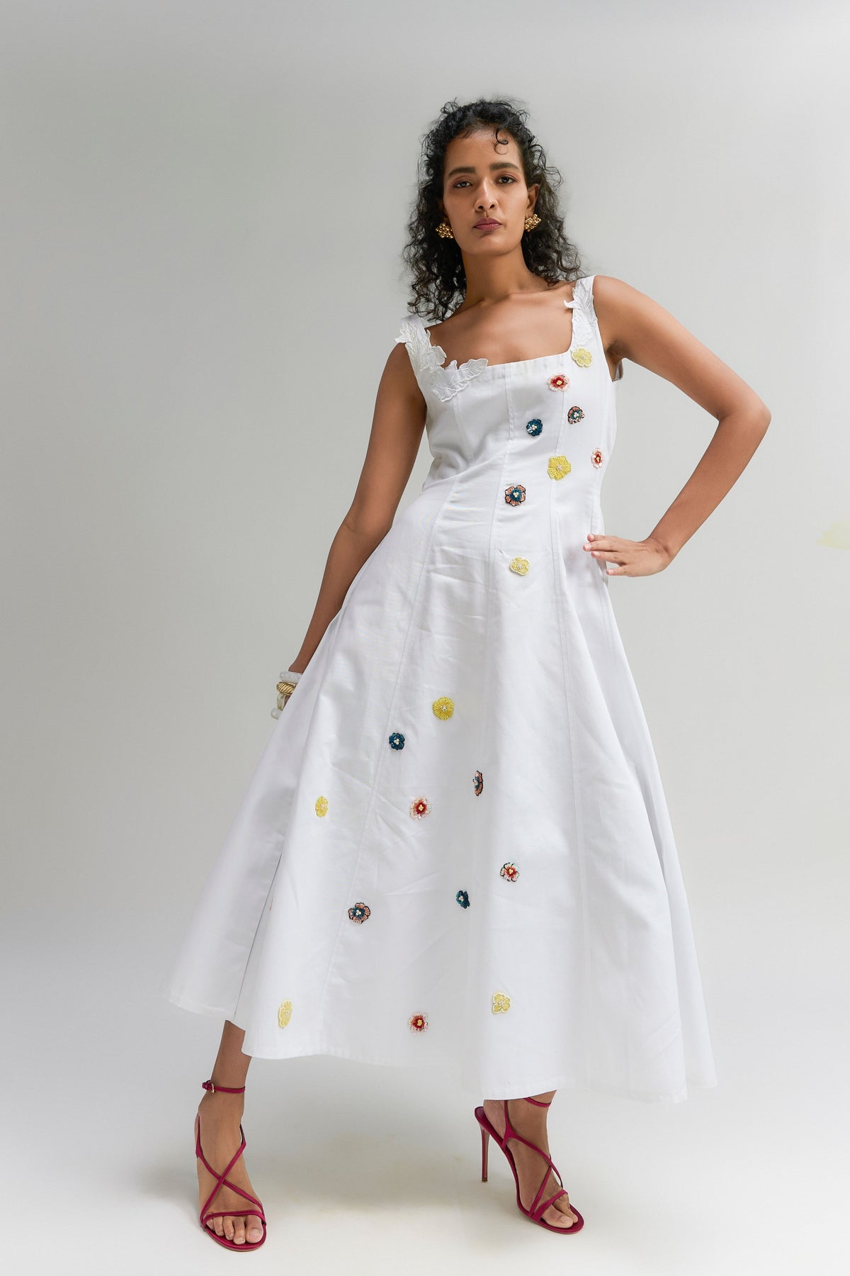 White Lyla Twill Cotton Midi Dress