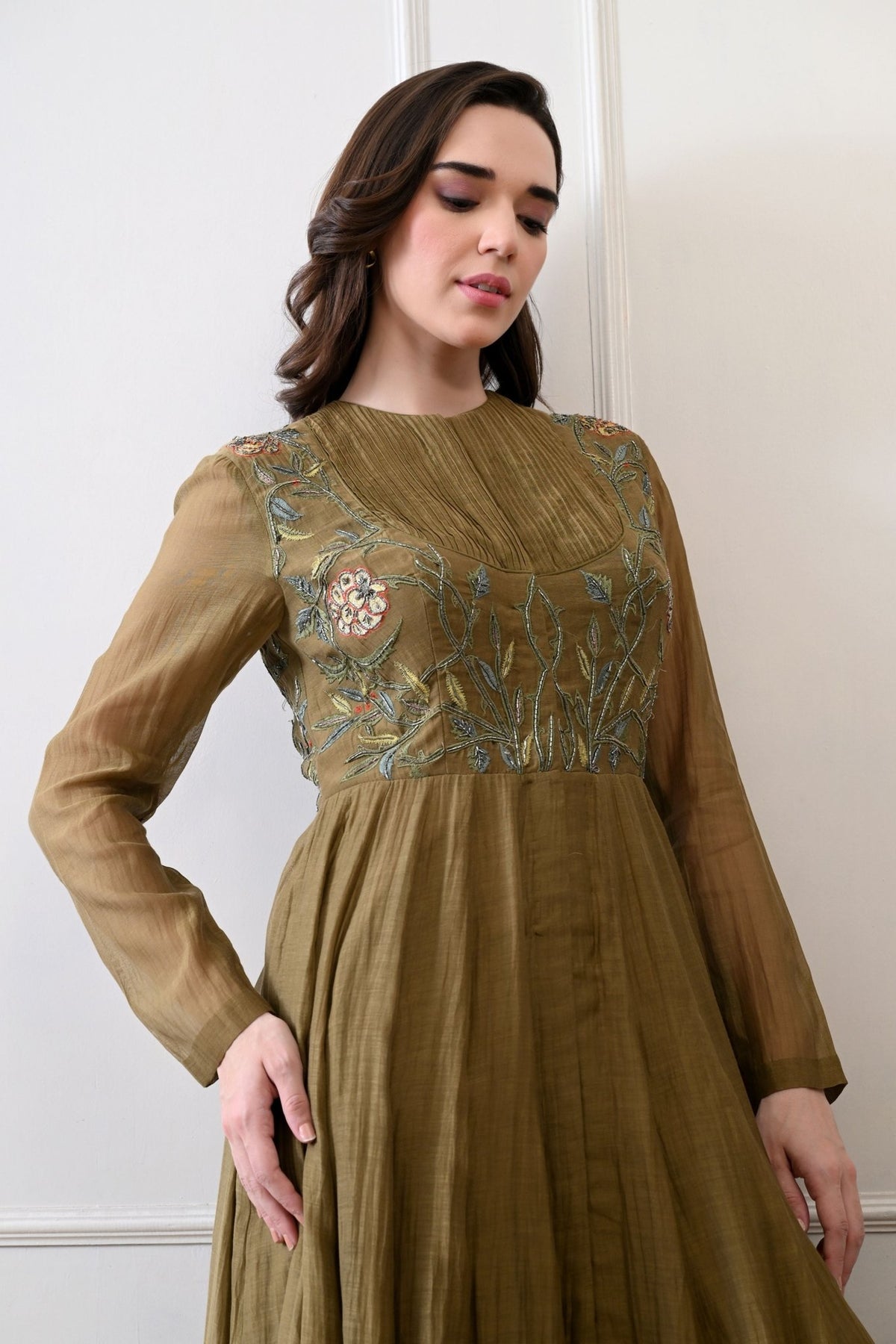 Olive Silk Embroidered Anarkali