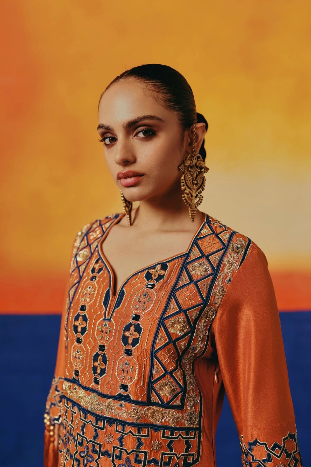 Orange Jaal Long Kurta Set
