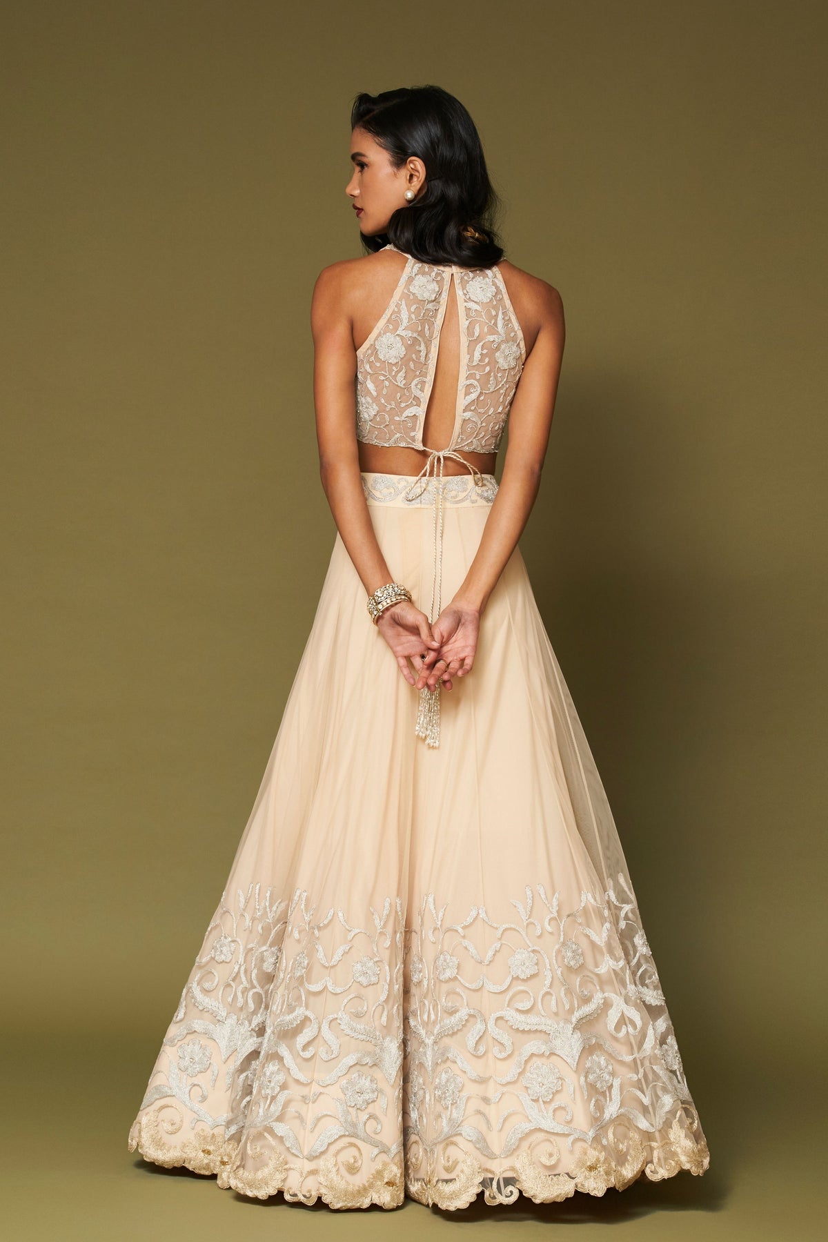 Almond Embroidered Net Lehenga Set