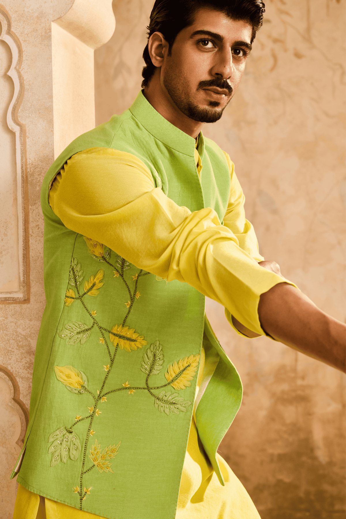Green Floral Jacket Yellow Kurta Set