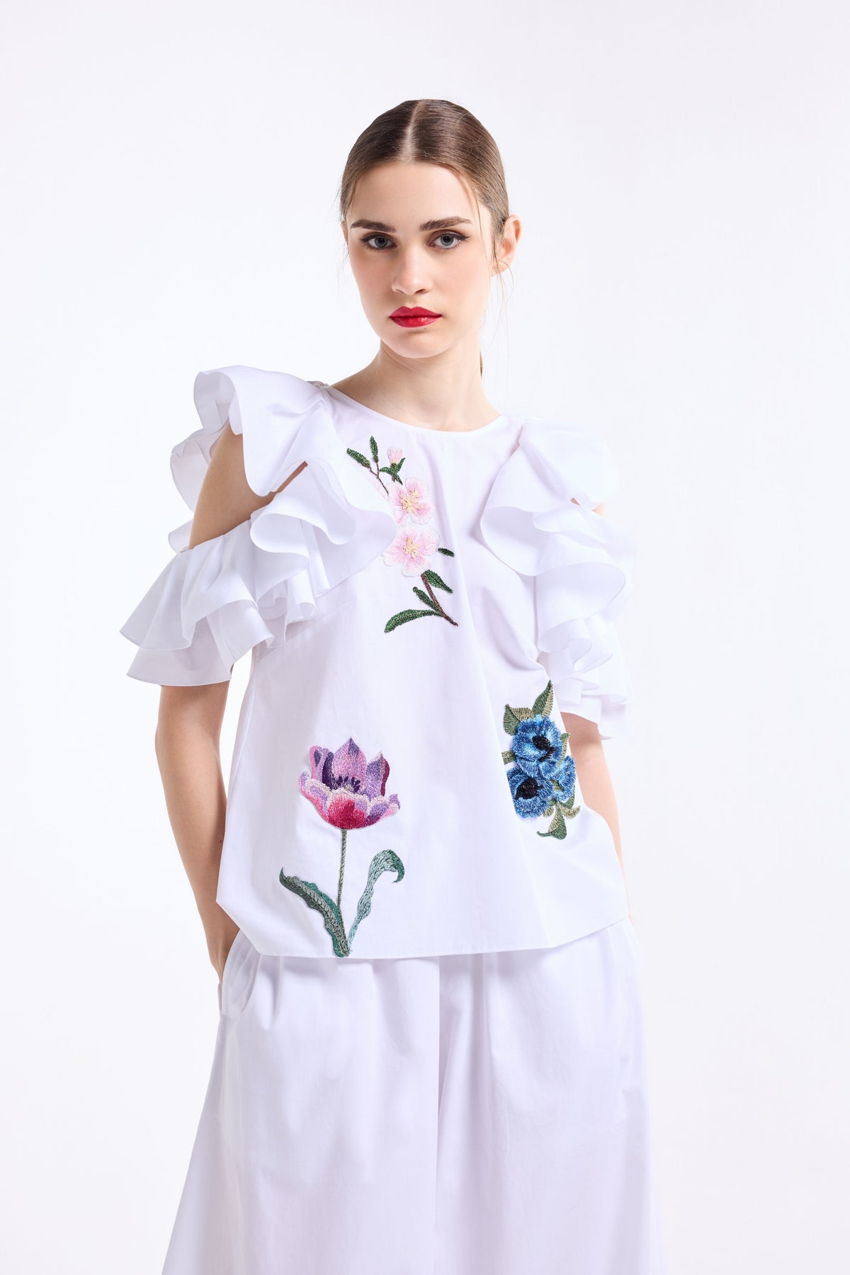 White Ruffle Top With Pants