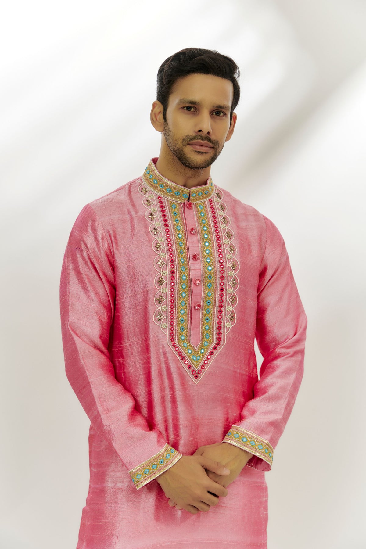 Pastel Pink Raw Silk Embroidered Kurta