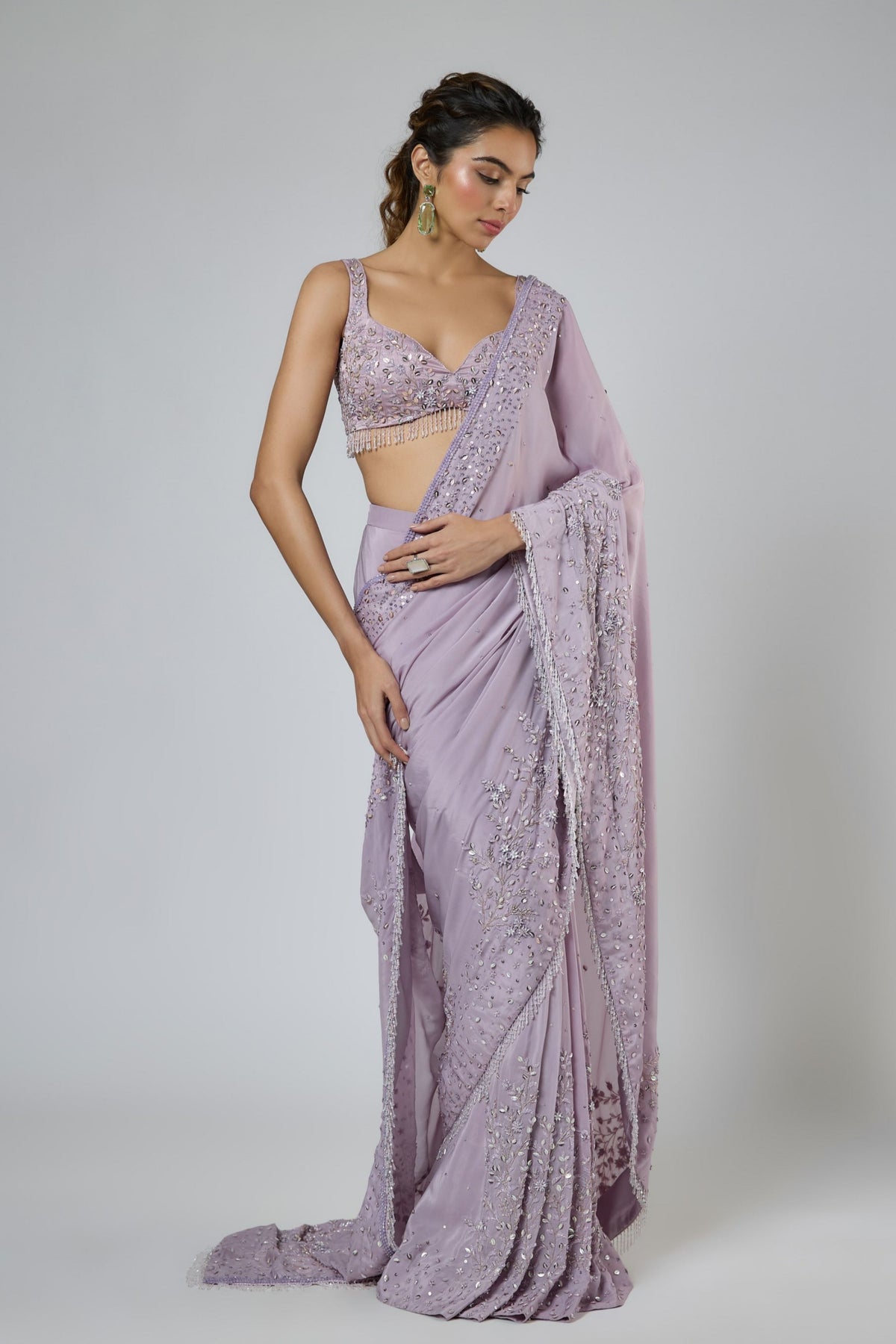 Lilac Heavy Draped Saree Set