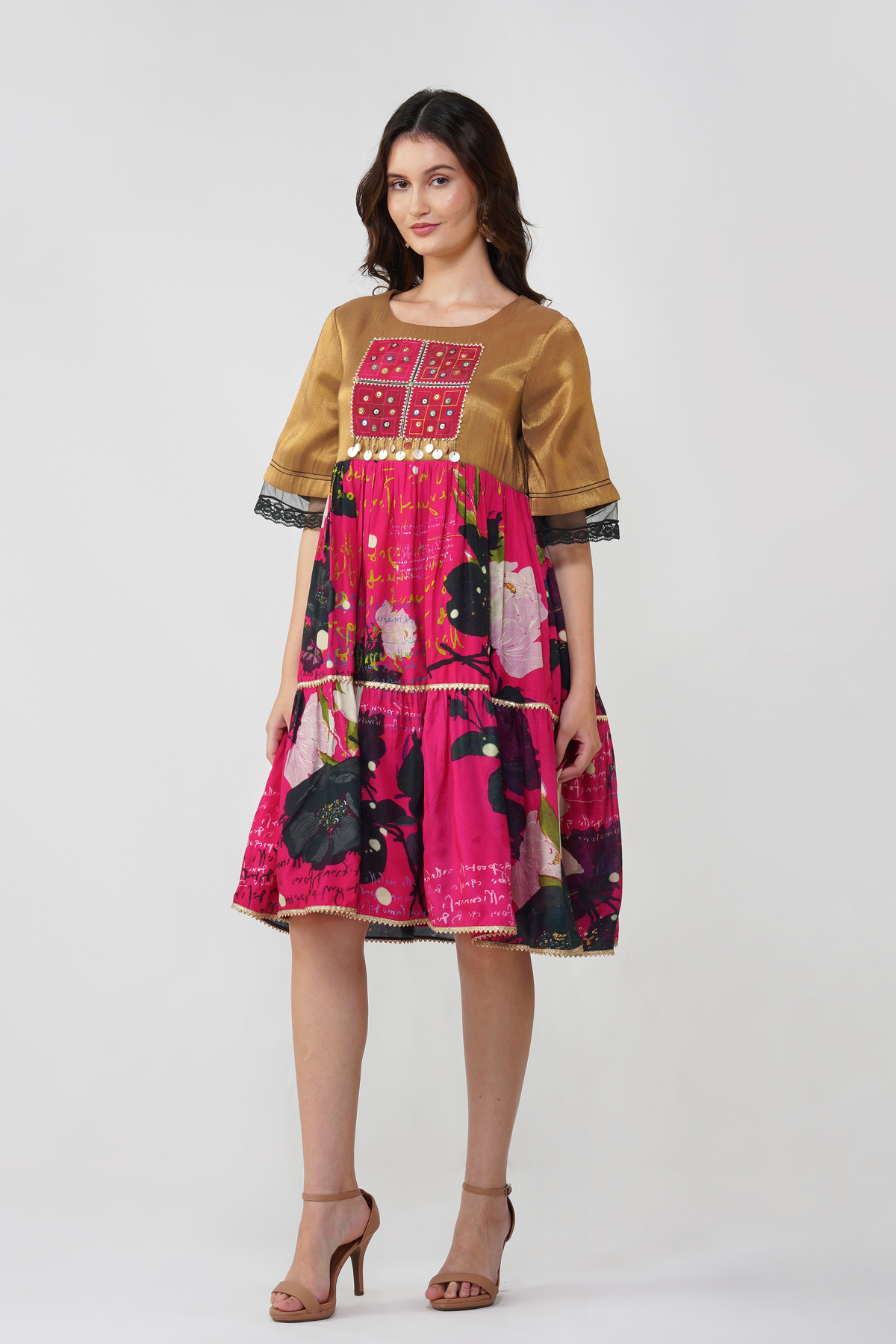 Floral Mirrorwork Tiered Dress