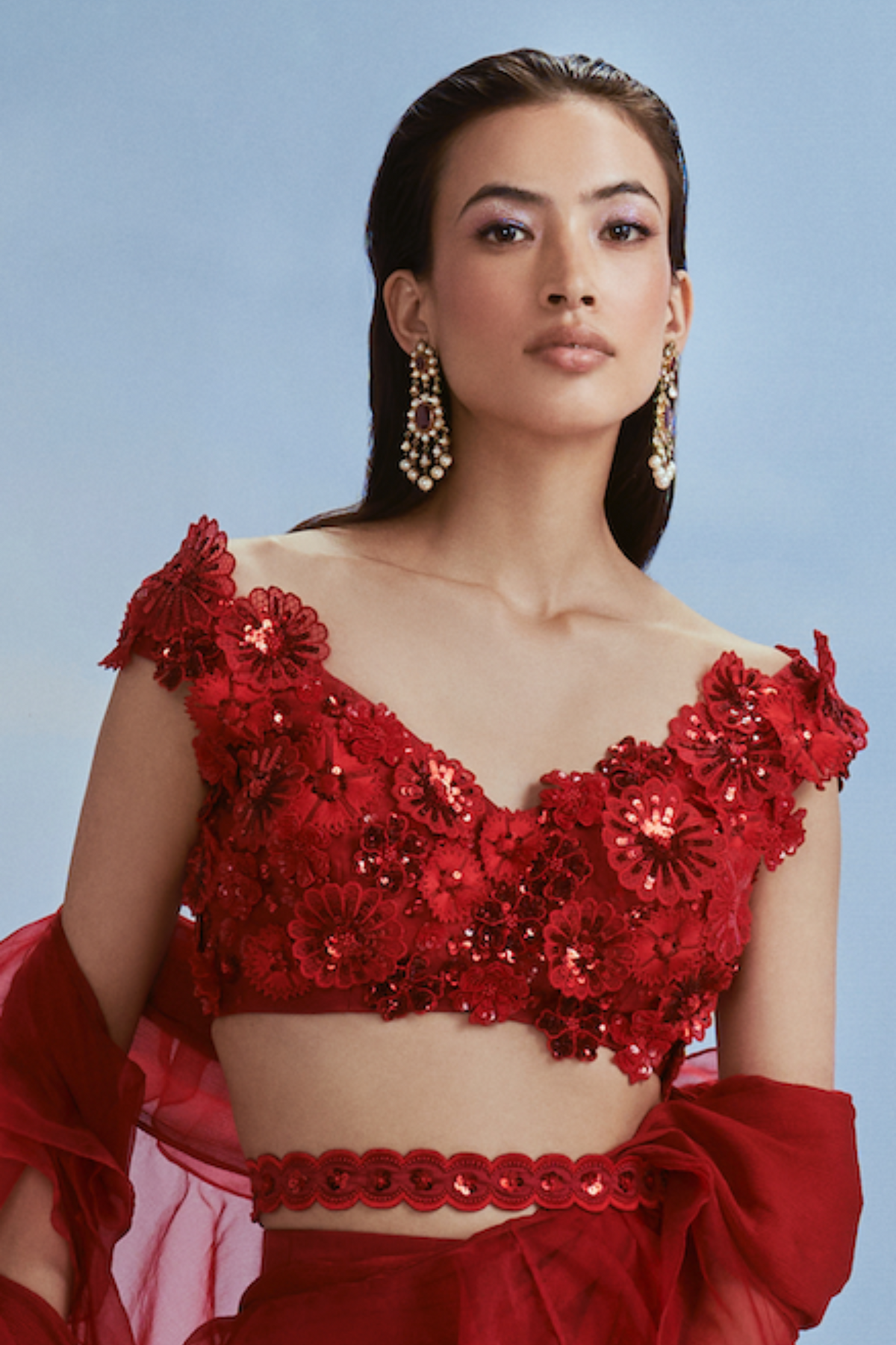 Red Scallop Edged Ruffle Saree Set