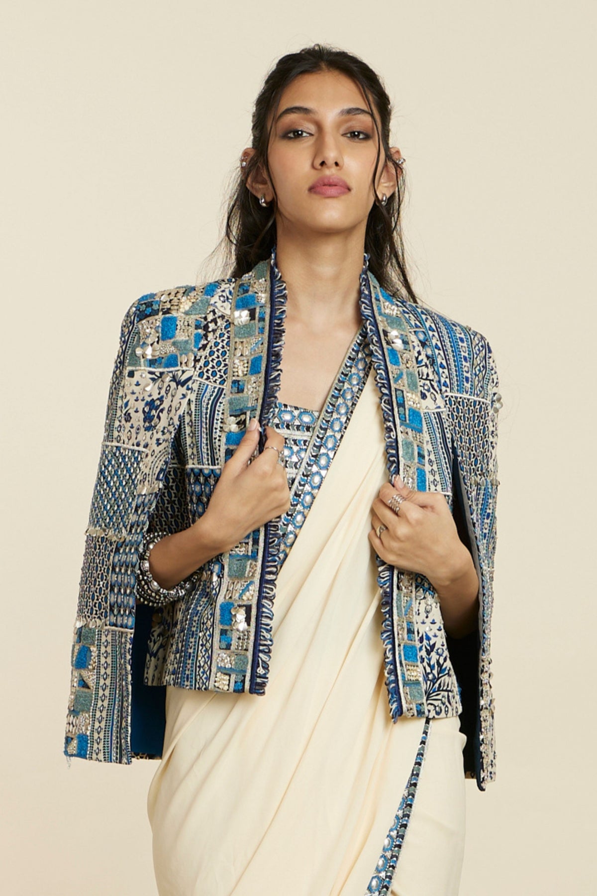 Beige Cascade Saree Set With Jacket