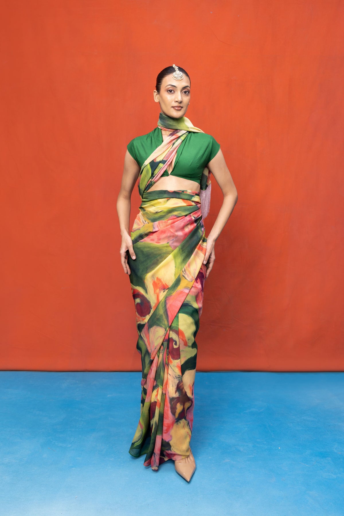 Green & Pink Brush Stroke Saree