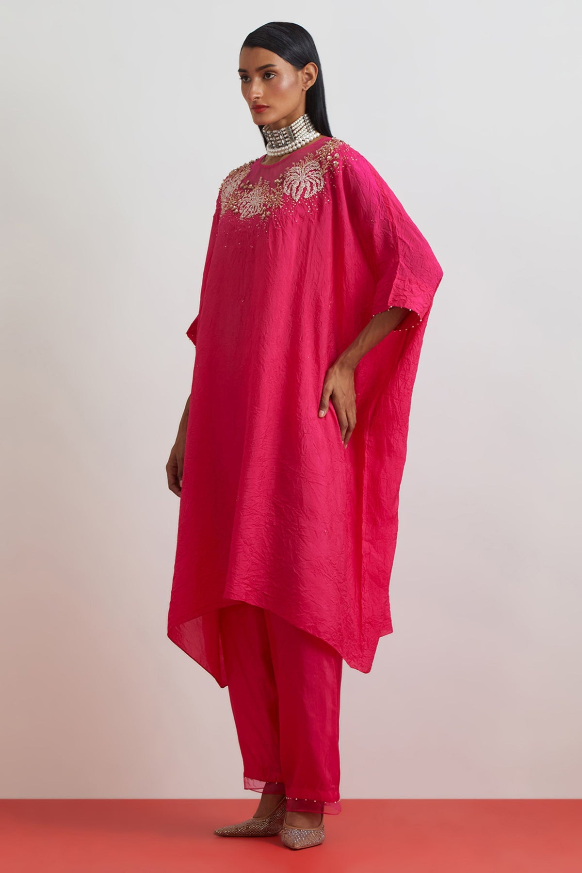 Hot Pink Floral Crystal Kaftan Set