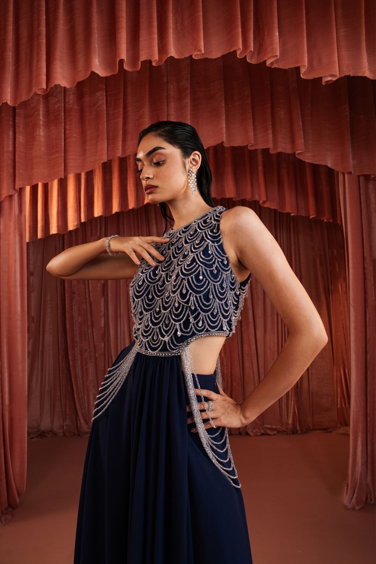 Midnight Blue Beaded Skirt Set