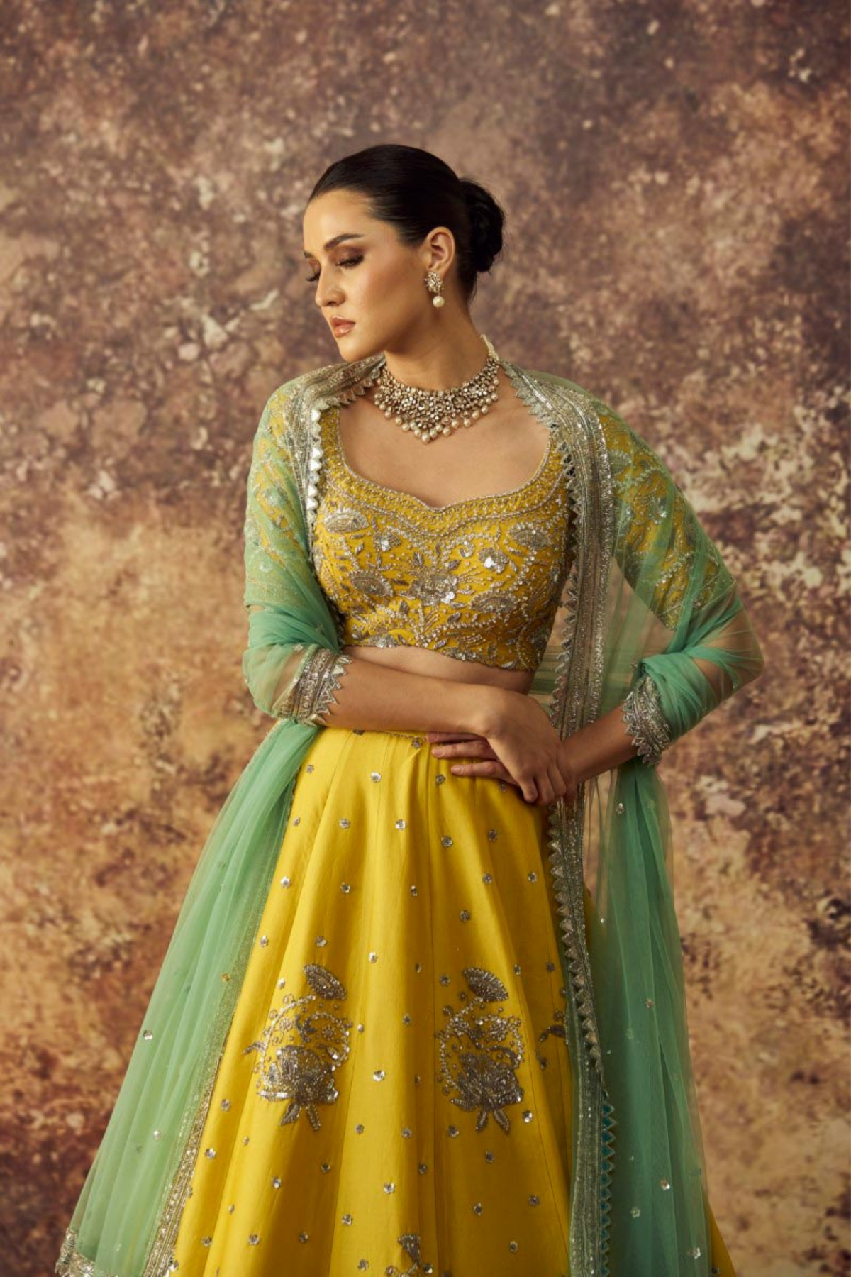 Yellow Chanderi Big Butas Lehenga Set