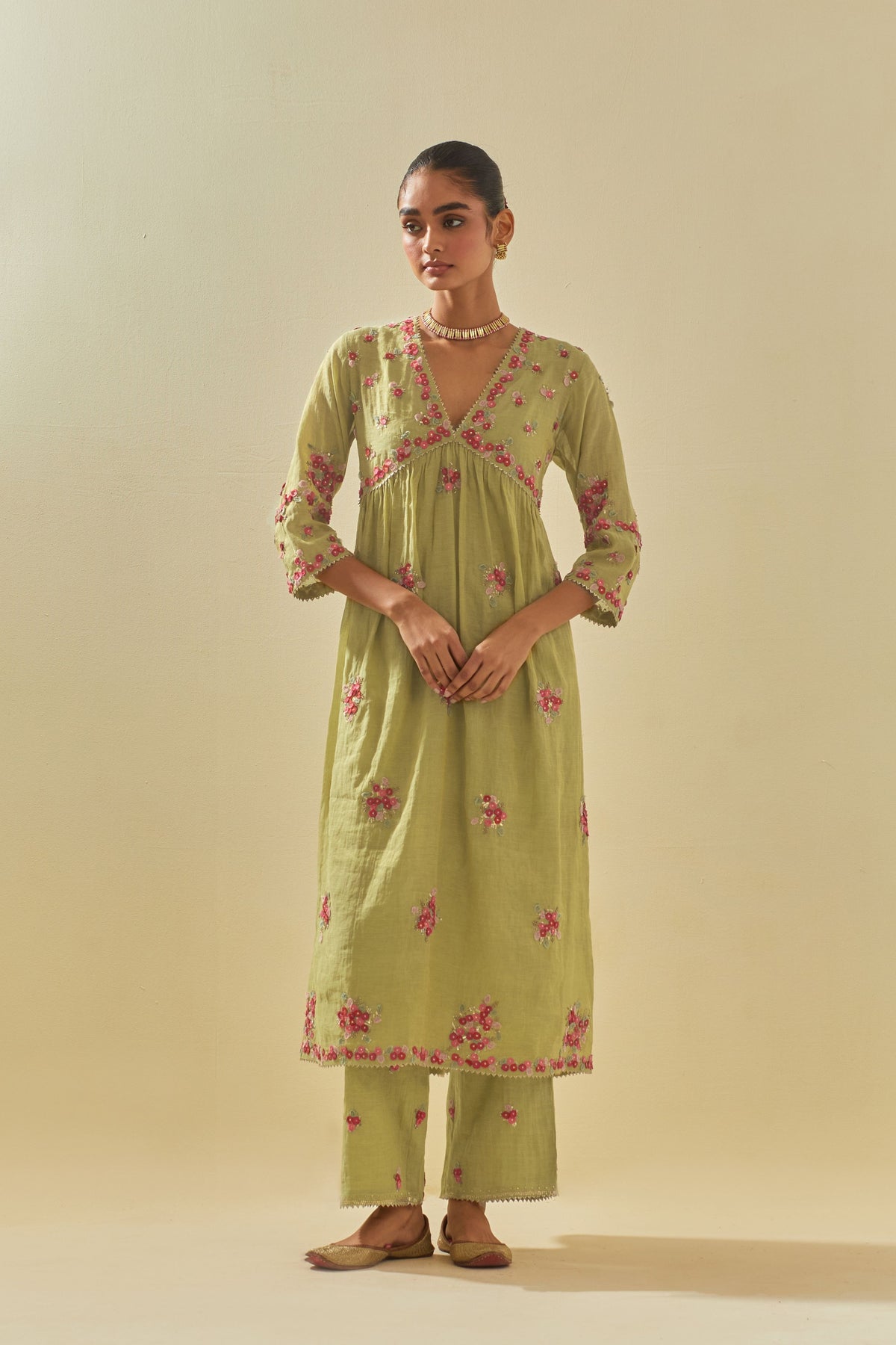 Green V Neck Kurta Set
