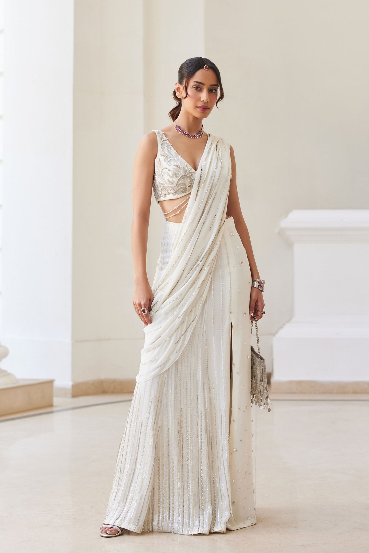 Pearl White Slit Saree