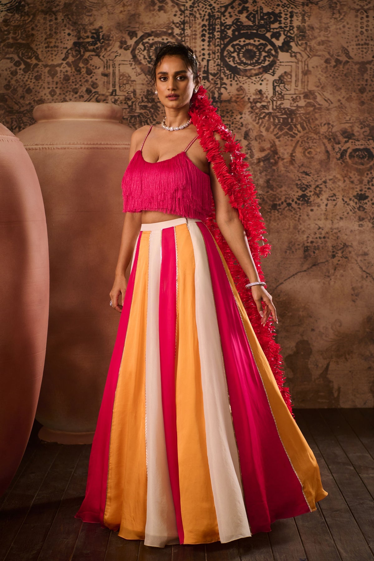 Hot Pink Top With Multicoloured Skirt