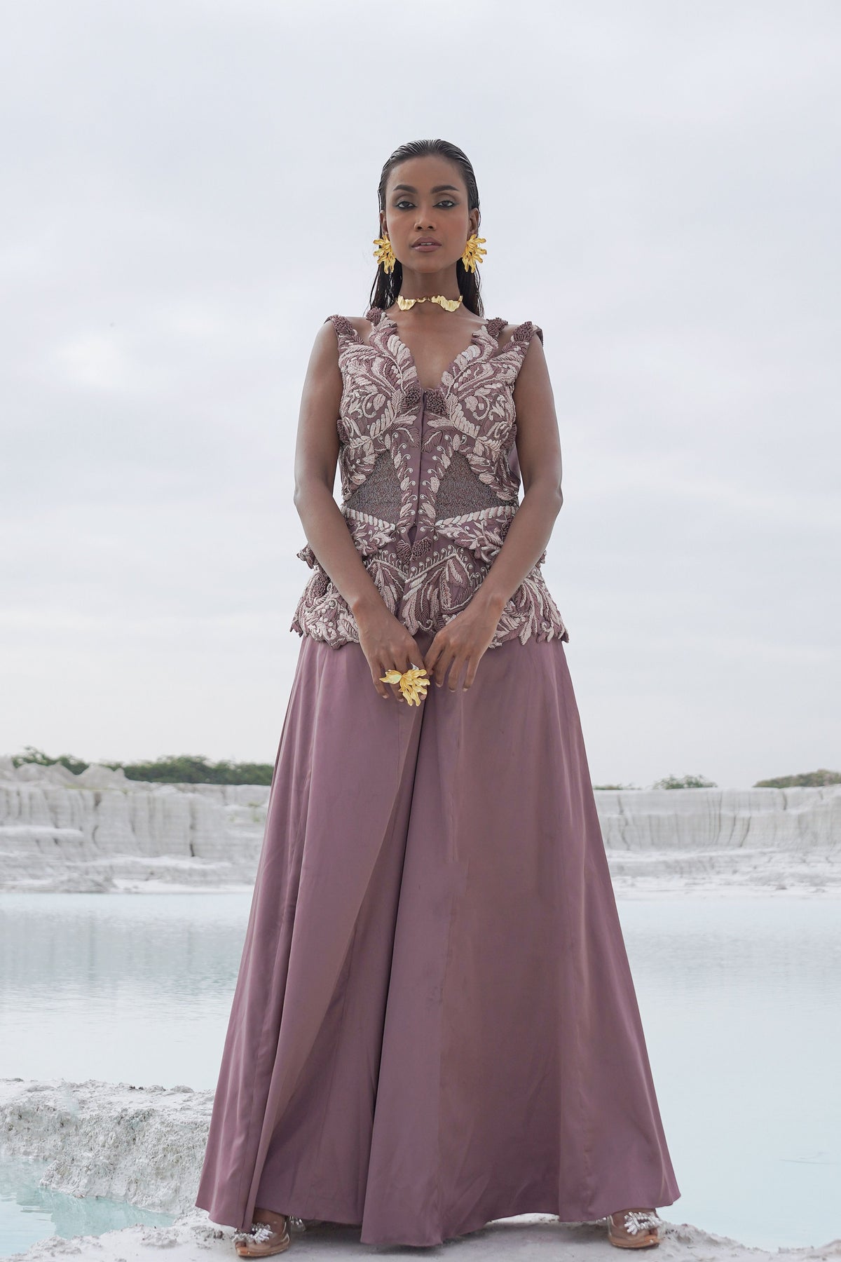 Pastel Purple Embroidered Palazzo Set