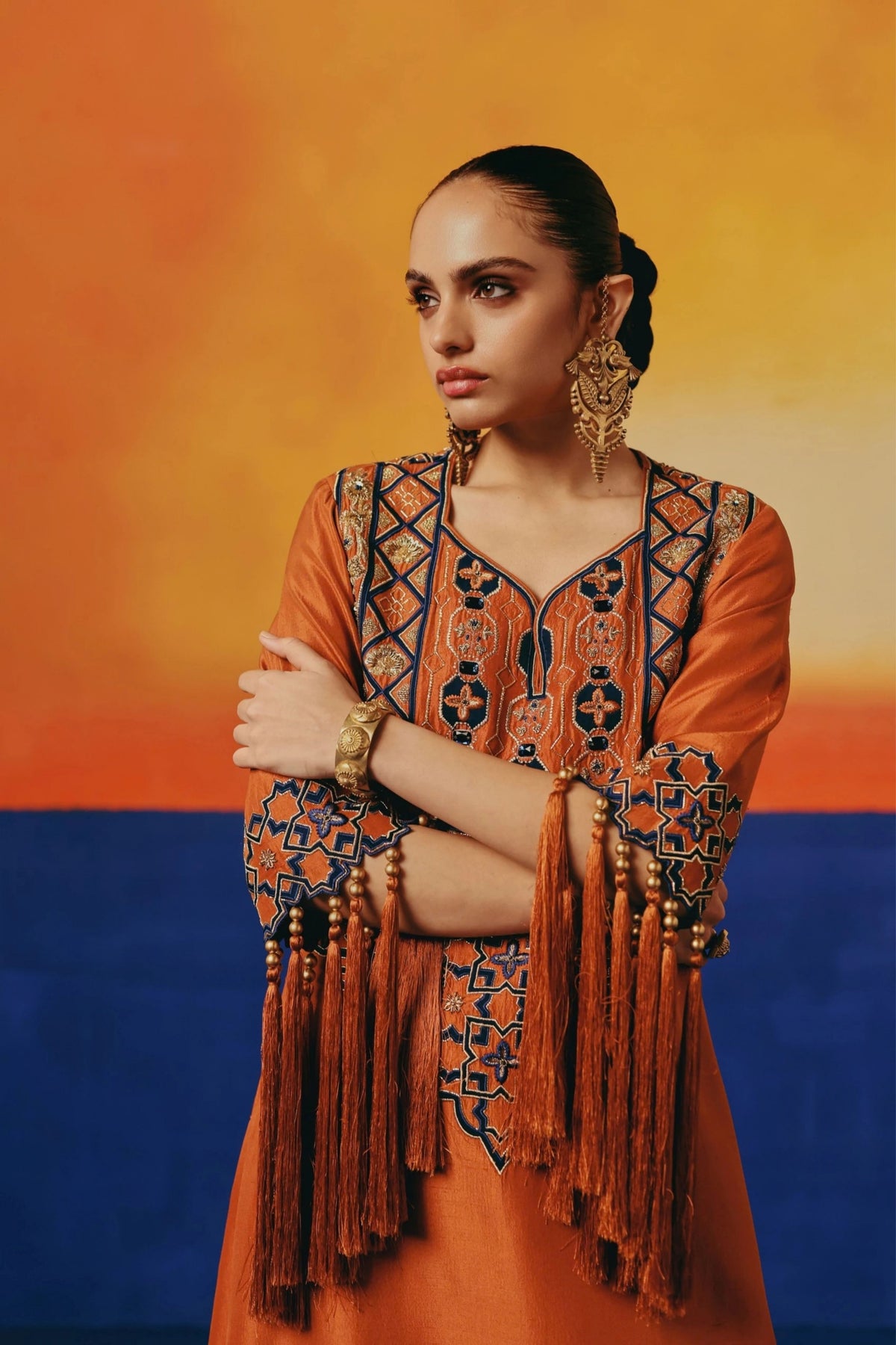 Orange Jaal Long Kurta Set