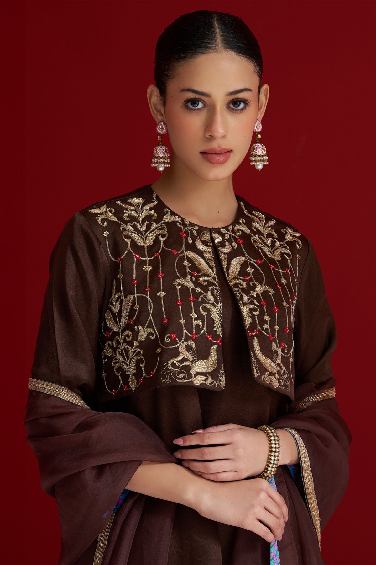 Brown Embroidered Border Dupatta