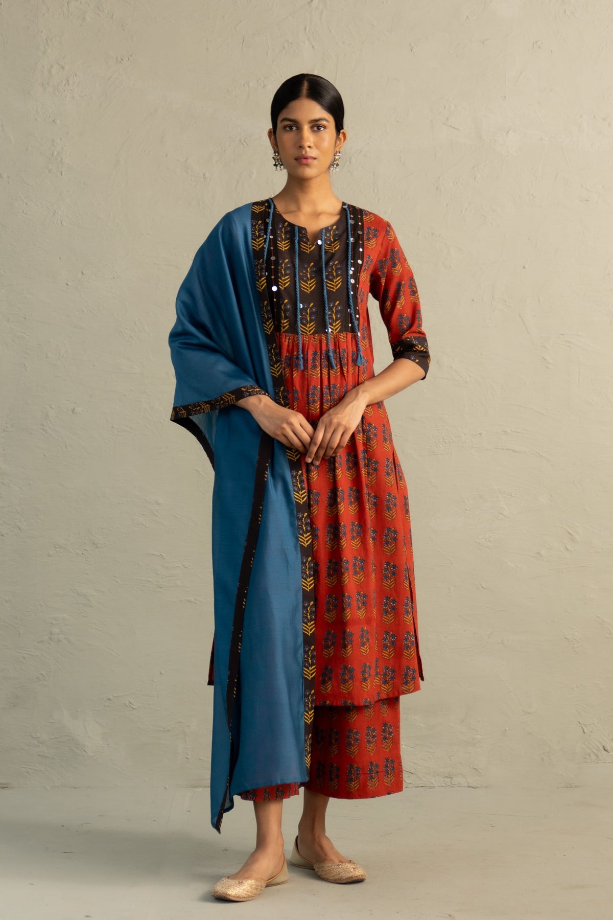 Red Hand Block Kurta Set