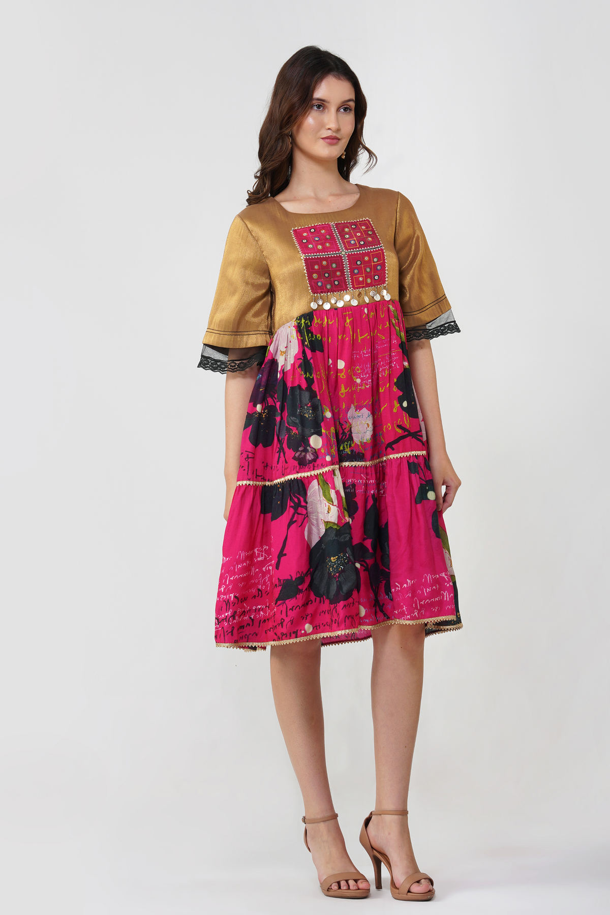 Floral Mirrorwork Tiered Dress