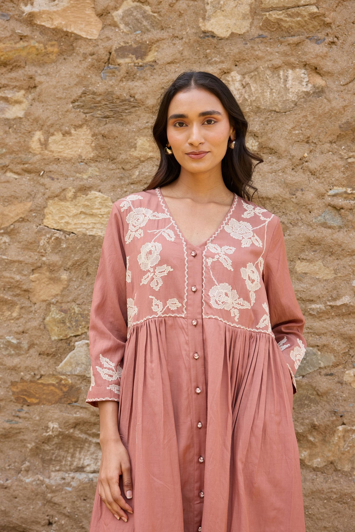 Brown Gathered Embroidered Kurta