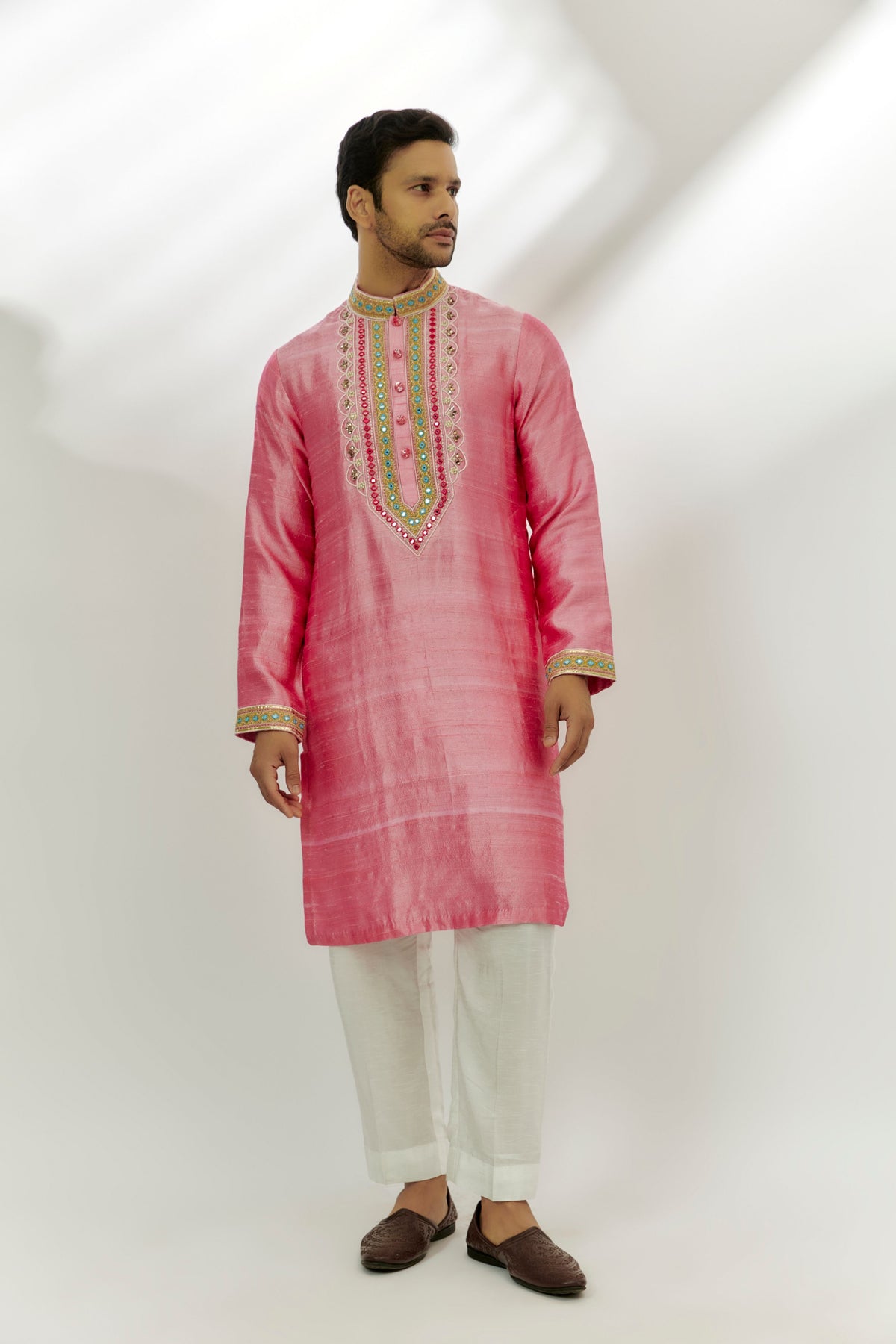 Pastel Pink Raw Silk Embroidered Kurta