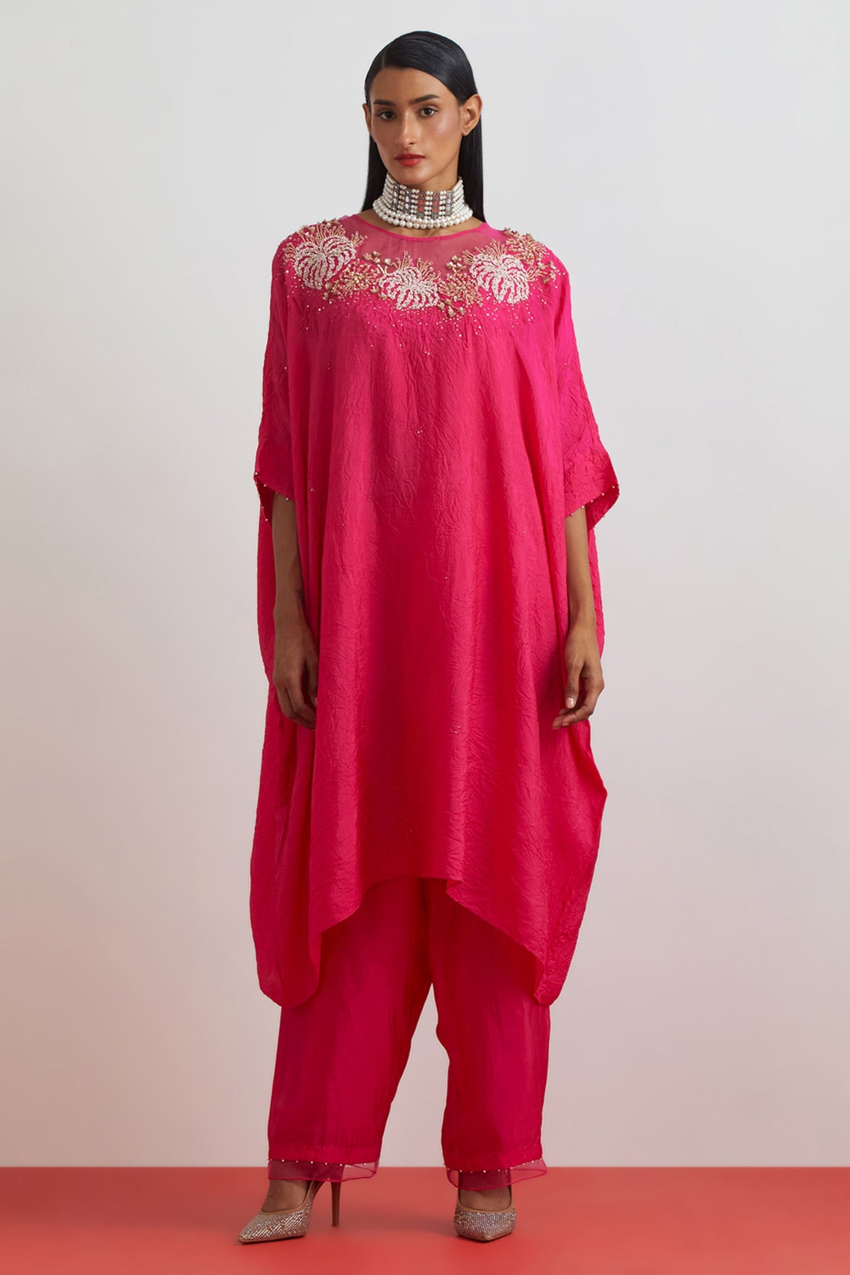 Hot Pink Floral Crystal Kaftan Set
