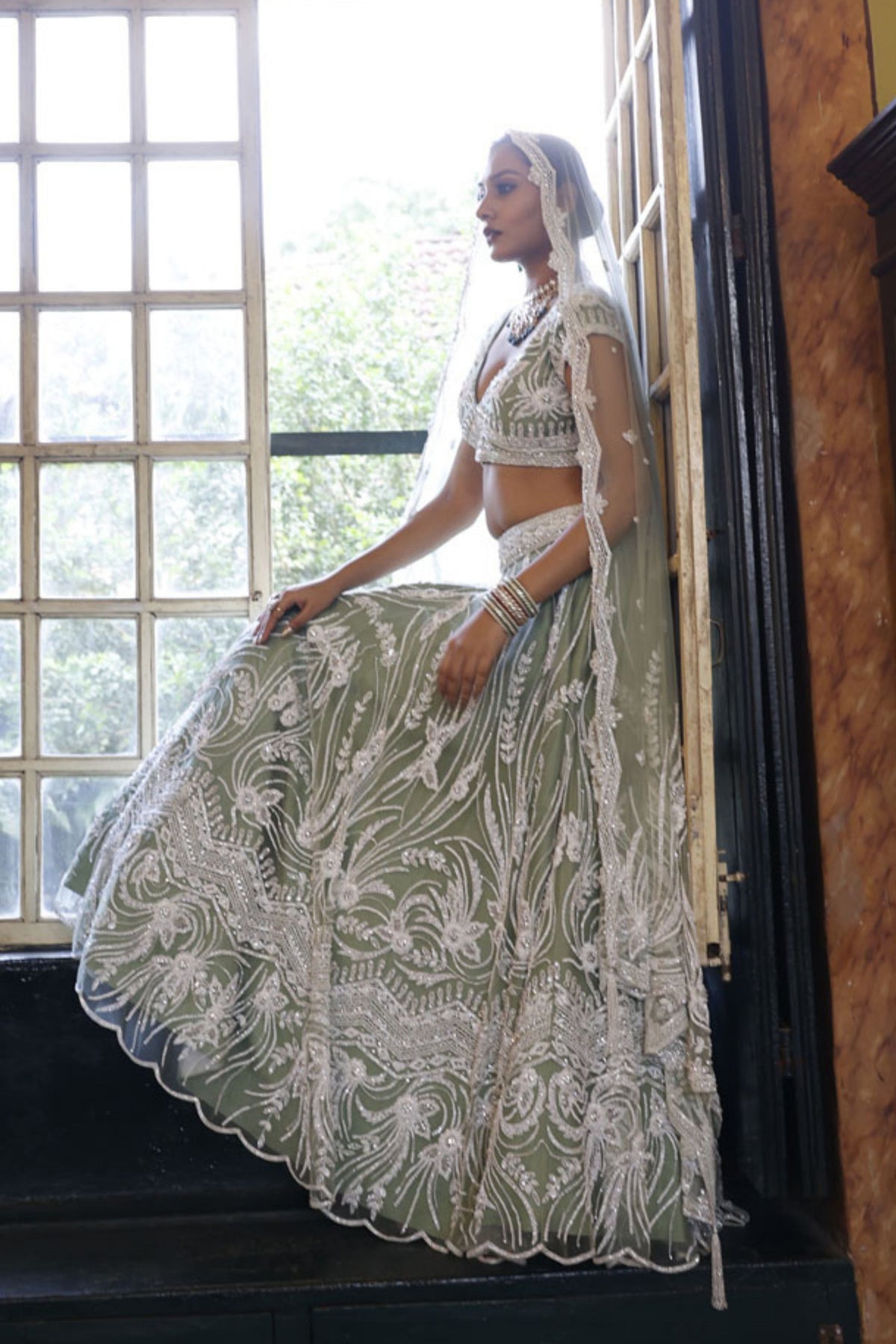 Sage Lehenga, Choli and Dupatta