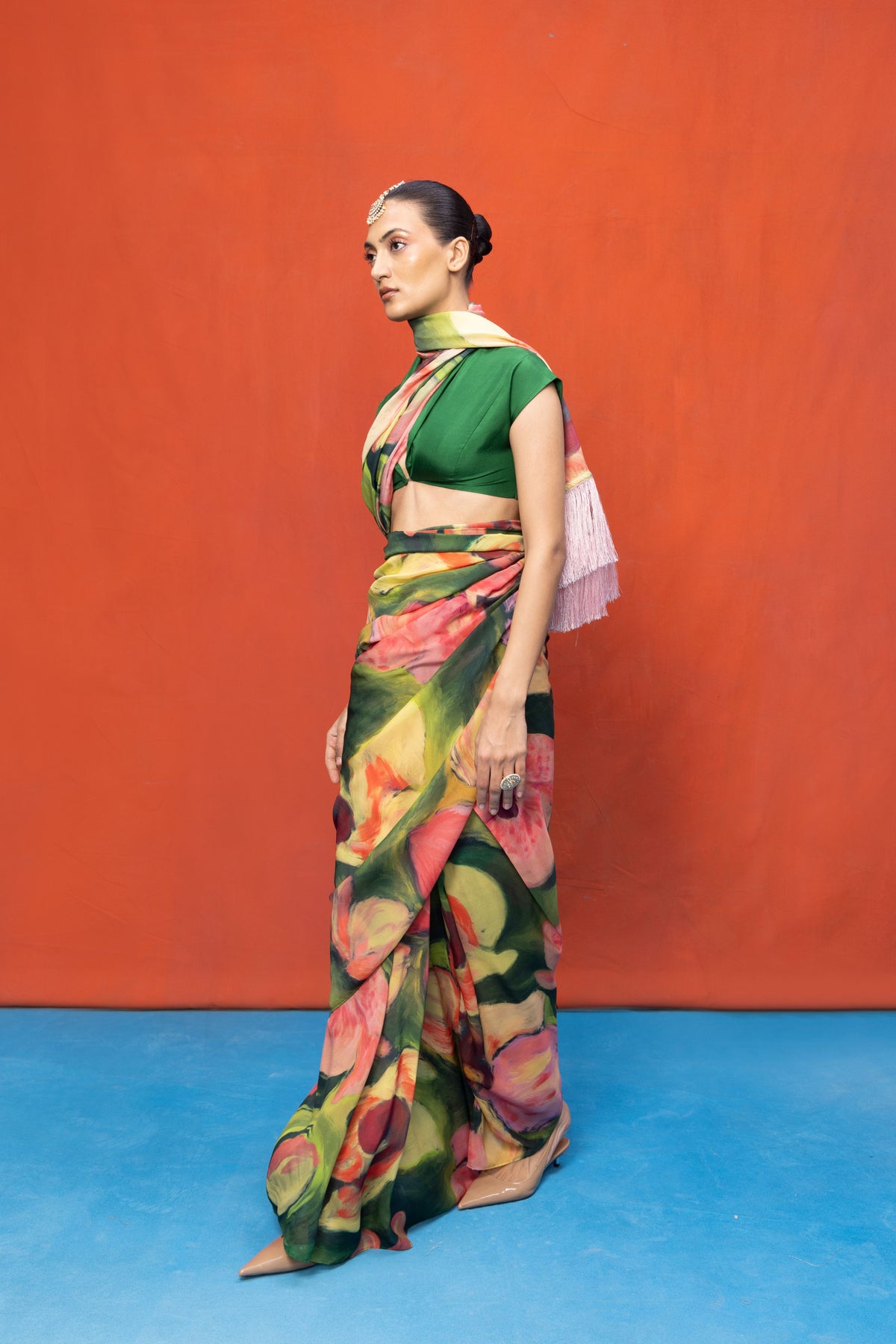 Green & Pink Brush Stroke Saree