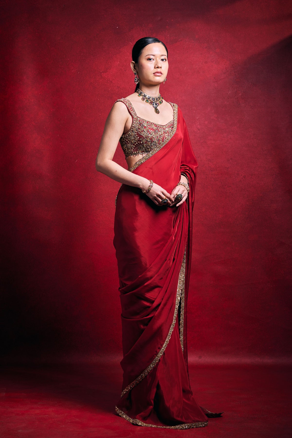 Red Habutai Saree Set